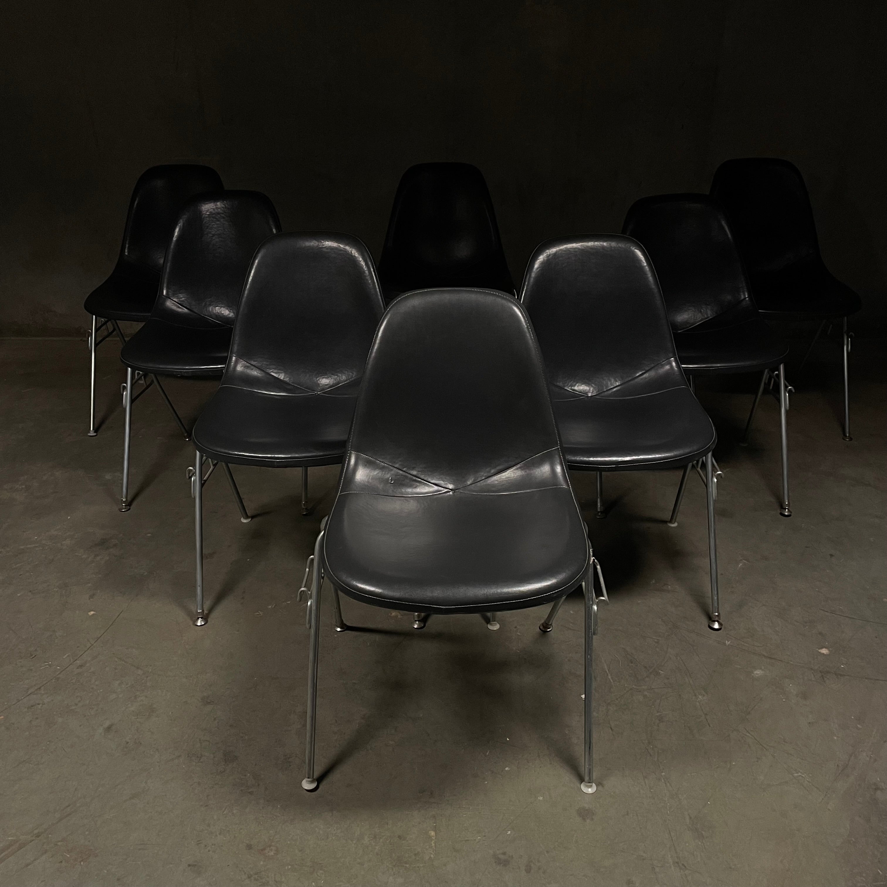 Set of 8 Eames for Herman Miller DSS Stackable Naugahyde / Leather Fiberglass Shell Chairs