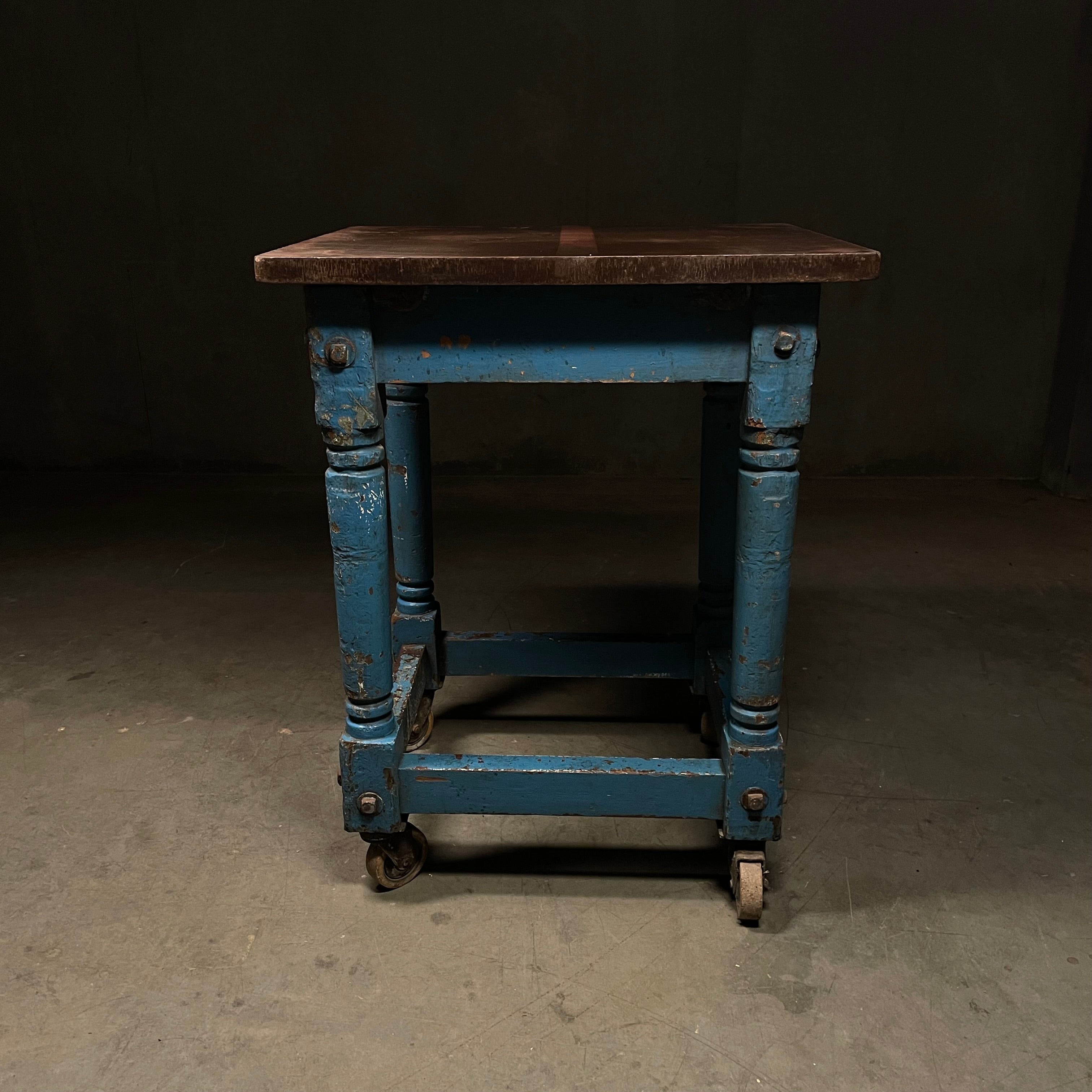 1920 Printers Turtle Table in Original Blue Paint