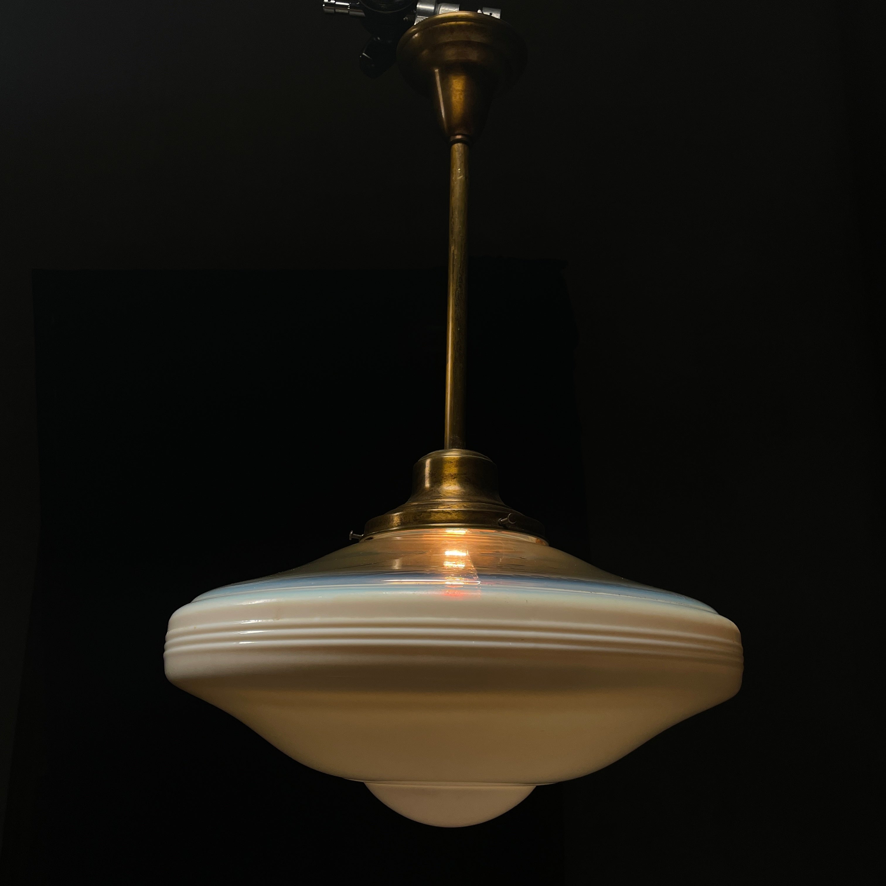 1920 Large Brass Pendants With Unique Milk Glass Shade