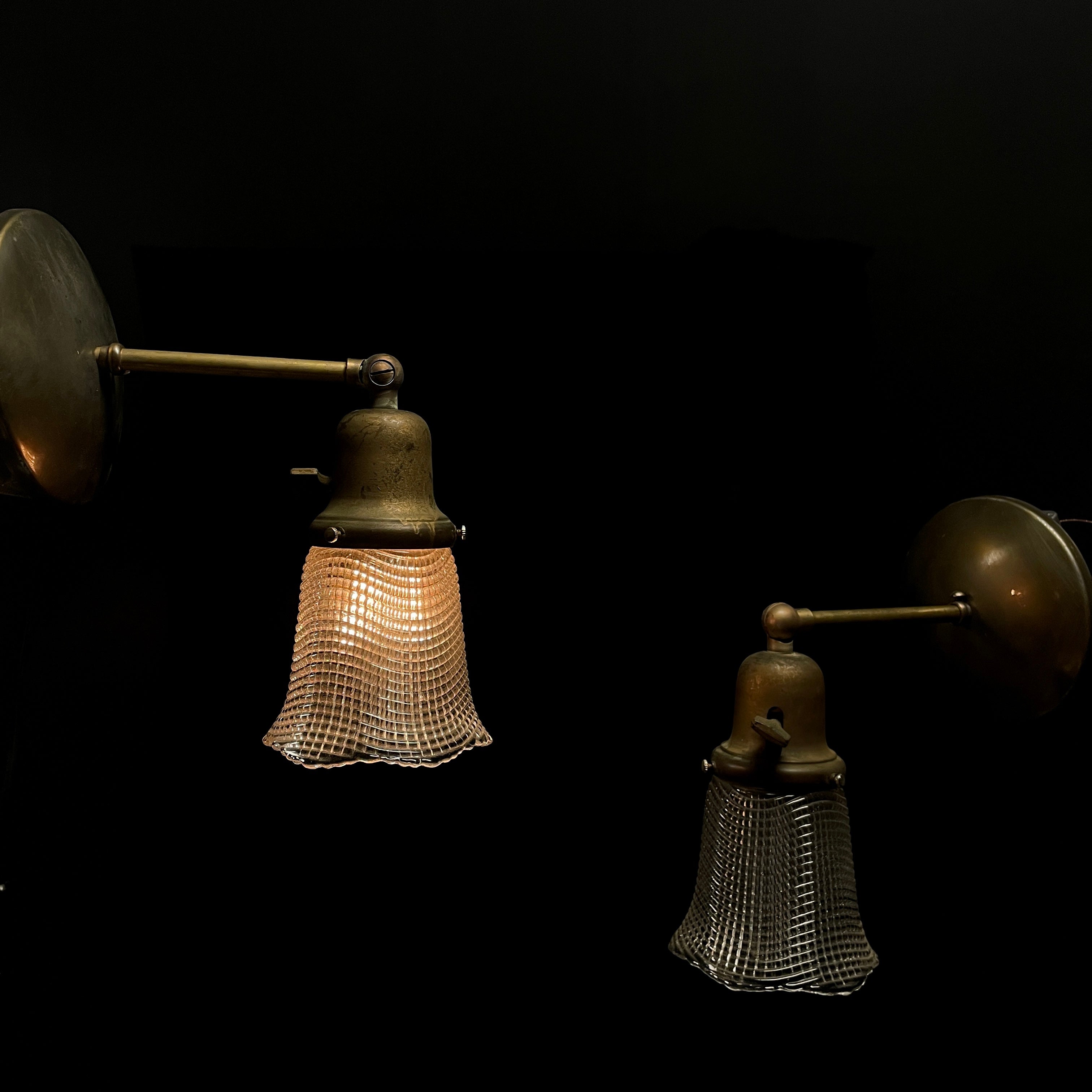 1920 Brass Sconces with Prismatic Glass Shades