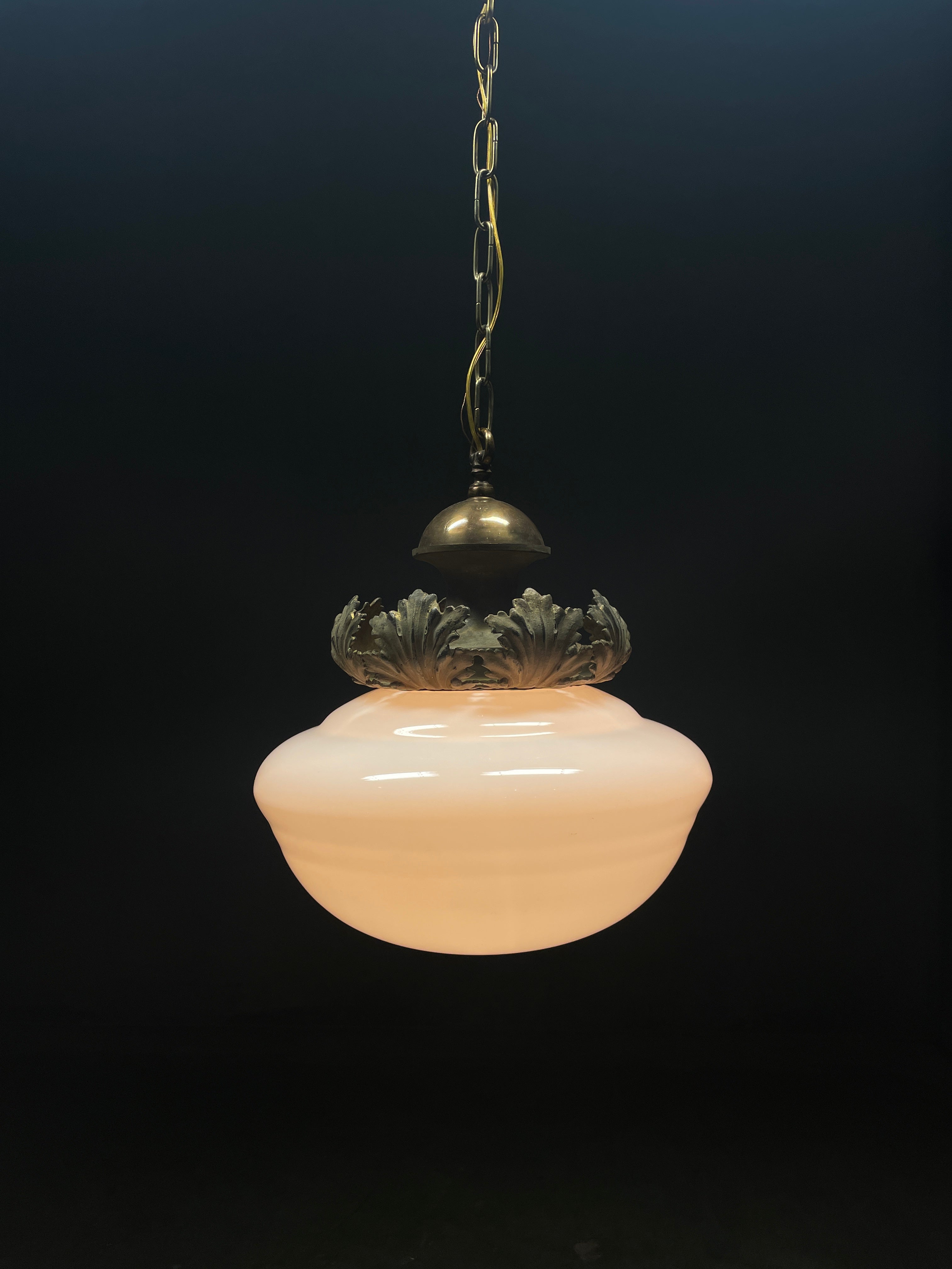 1910 Large Decorative Brass Pendant Light with Milk Glass Shade