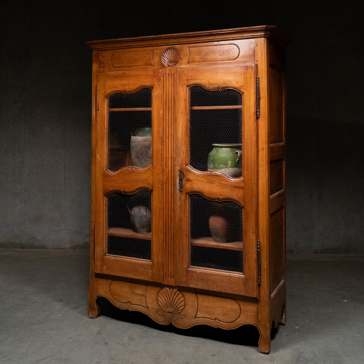 1800 Walnut French COUNTRY CARVED ARMOIRE with Chicken Wire Detail