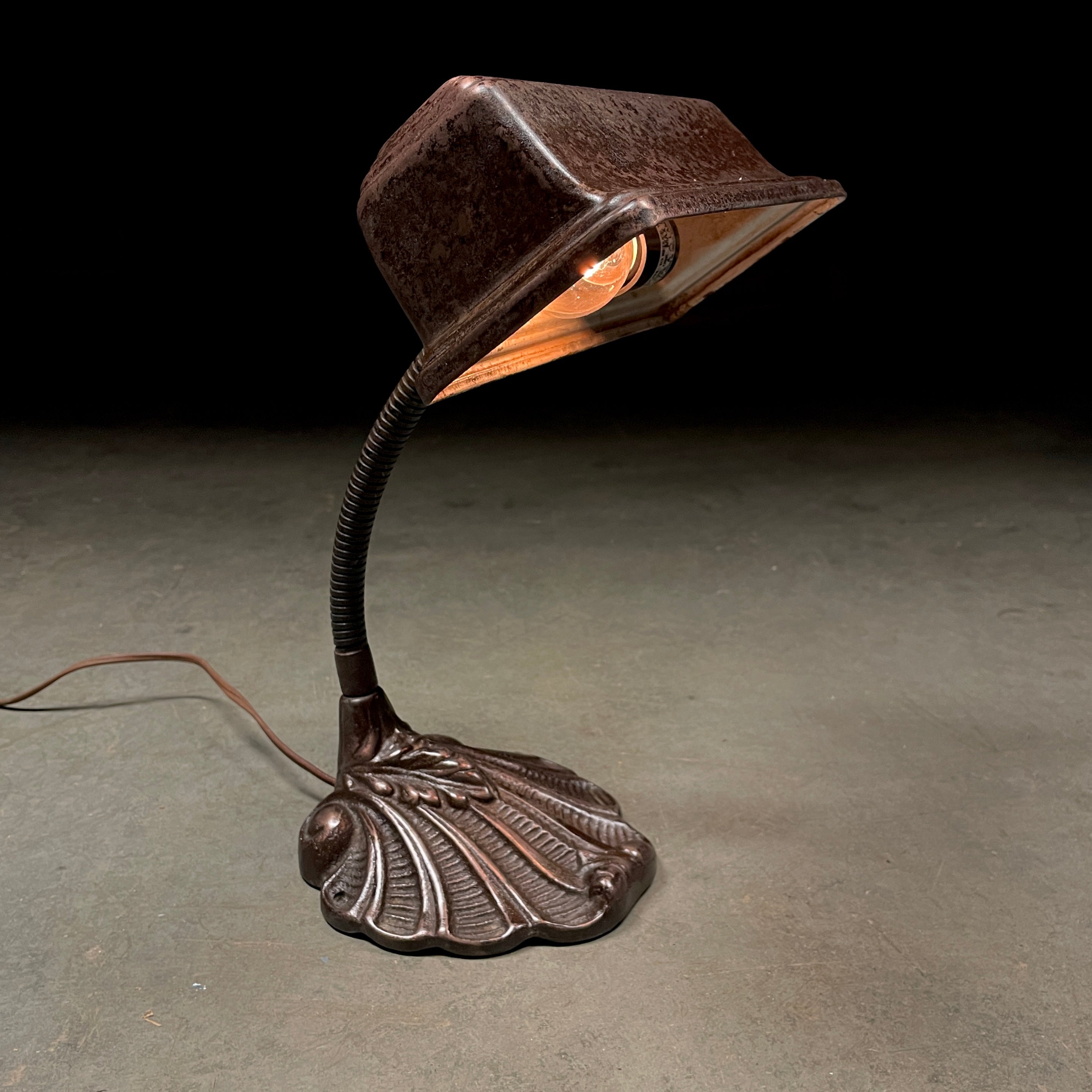 1920 Copper Bankers Lamp with Cast Iron Art Nouveau Base