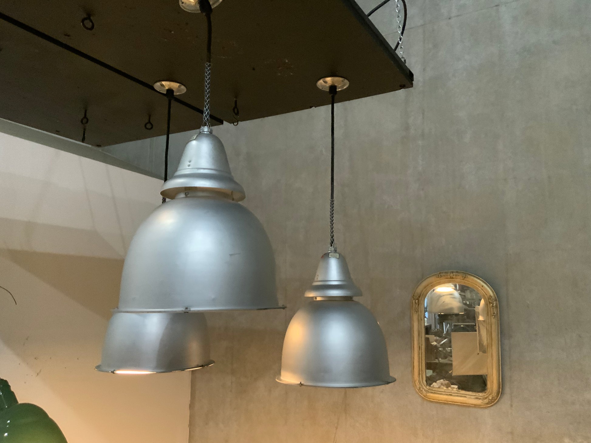 1950 spun aluminum industrial pendant lights | Scott Landon Antiques and Interiors.