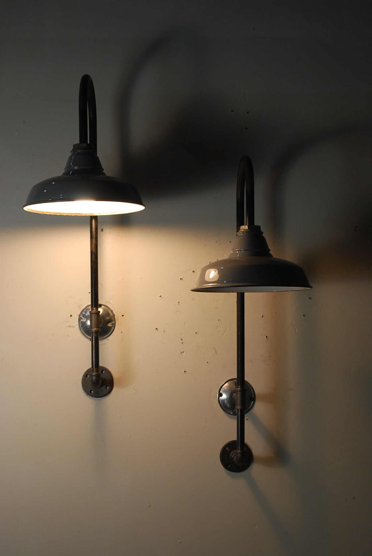 1930 Benjamin grey enamel industrial sconces | Scott Landon Antiques and Interiors.