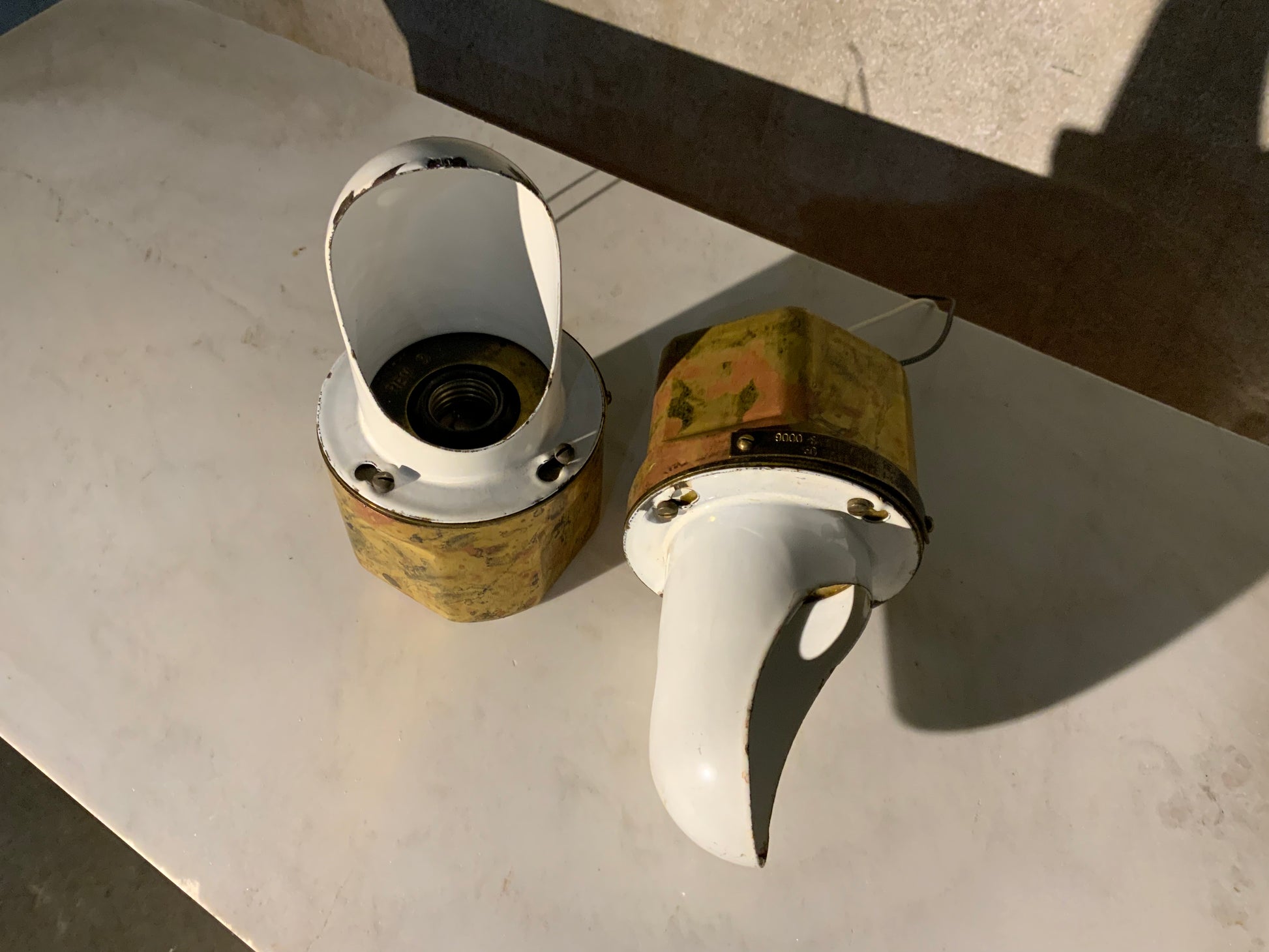 1930 rare set of enamel brass nautical light sconces | Scott Landon Antiques and Interiors.