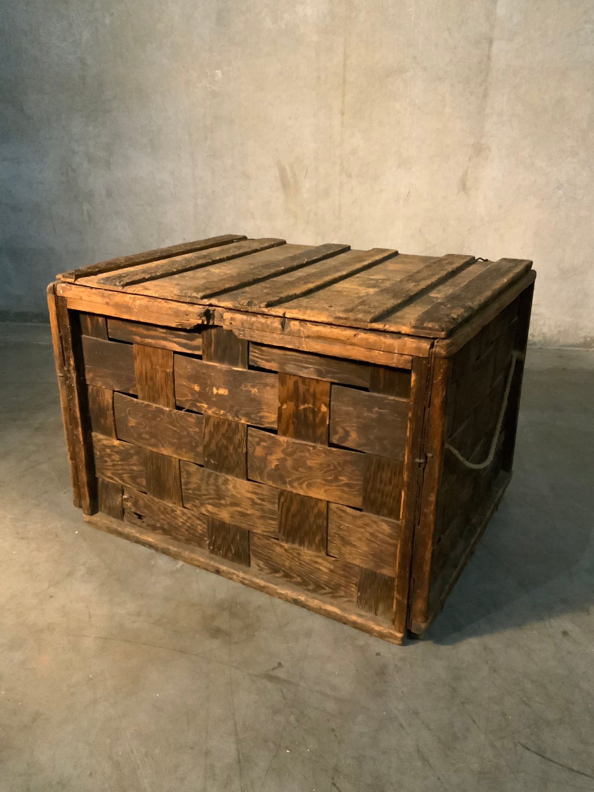 C 1900 weaved wooden fir harvest box | Scott Landon Antiques and Interiors.