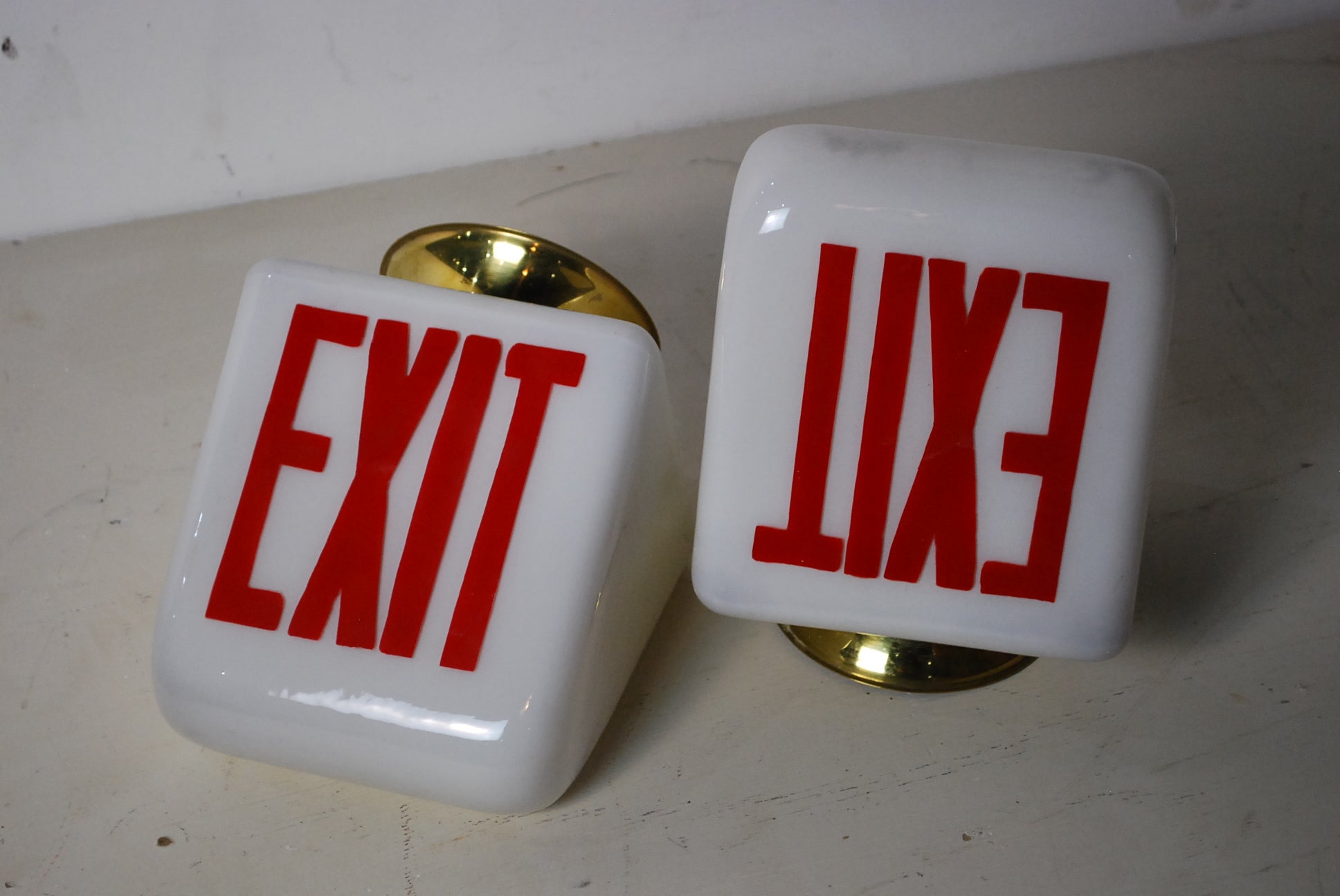 1940 American Industrial Double-Sided Pressed Milk Glass Illuminated Exit Light Fixture With Original Spun Steel Fitter | Scott Landon Antiques and Interiors.