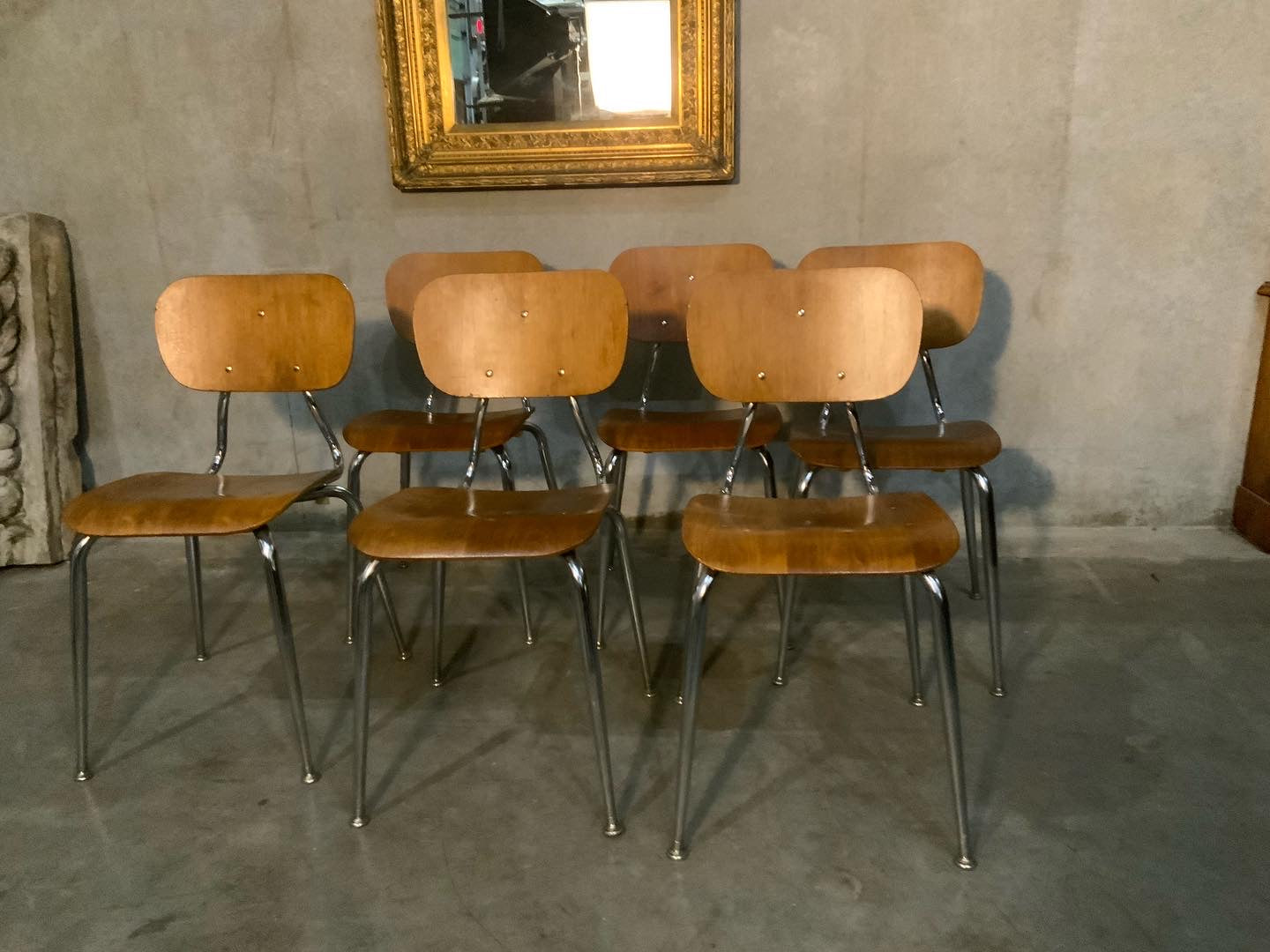 1960 mcm teak chrome stackable dining chairs | Scott Landon Antiques and Interiors.