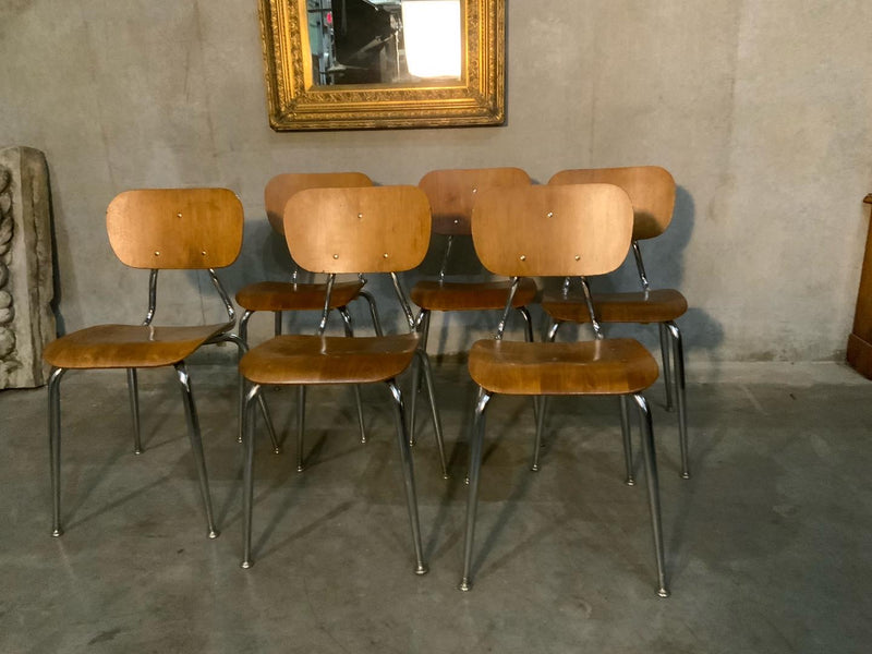 1960 mcm teak chrome stackable dining chairs | Scott Landon Antiques and Interiors.