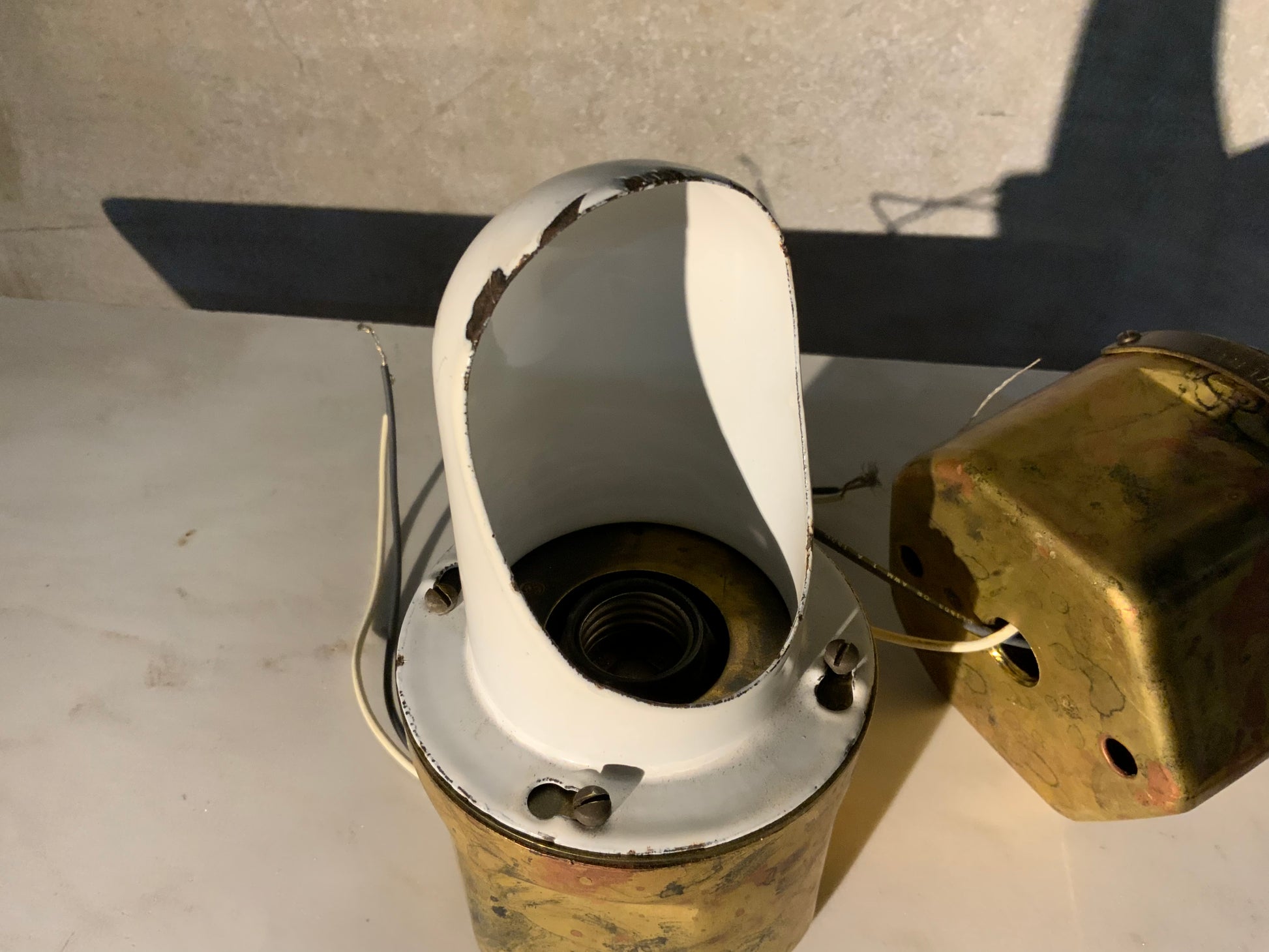 1930 rare set of enamel brass nautical light sconces | Scott Landon Antiques and Interiors.