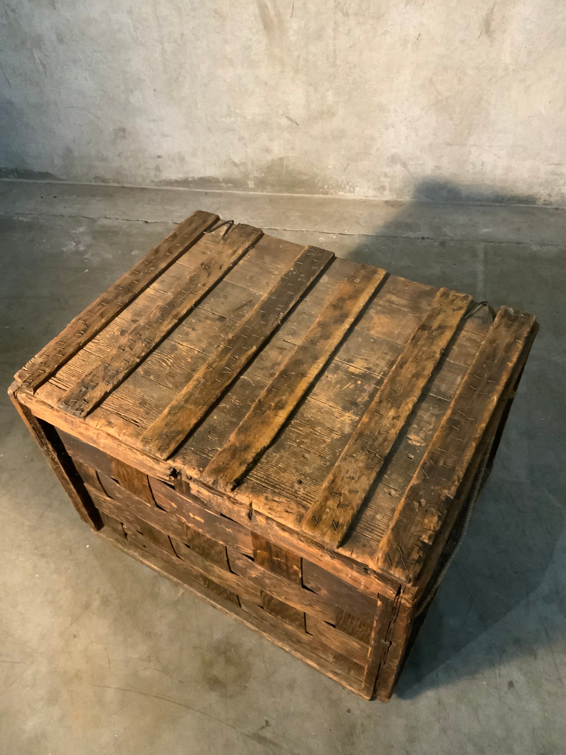 C 1900 weaved wooden fir harvest box | Scott Landon Antiques and Interiors.