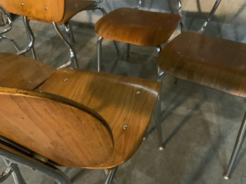 1960 mcm teak chrome stackable dining chairs | Scott Landon Antiques and Interiors.