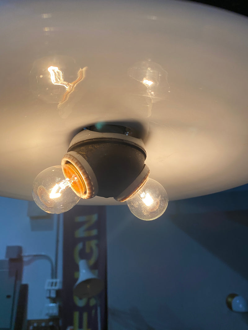 1910  Brass petite milk glass saucer pendant | Scott Landon Antiques and Interiors.