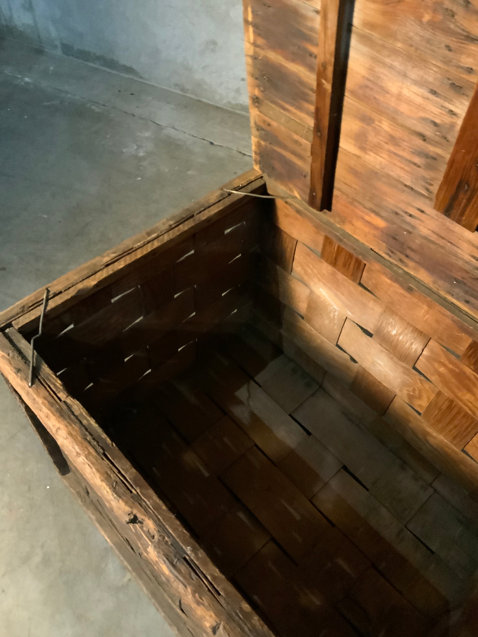 C 1900 weaved wooden fir harvest box | Scott Landon Antiques and Interiors.