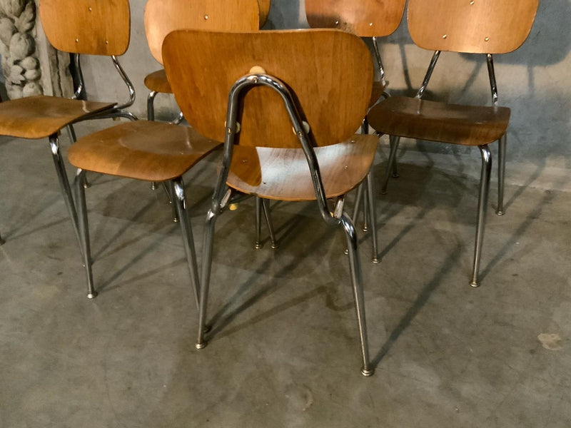1960 mcm teak chrome stackable dining chairs | Scott Landon Antiques and Interiors.