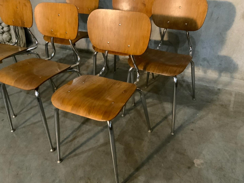 1960 mcm teak chrome stackable dining chairs | Scott Landon Antiques and Interiors.