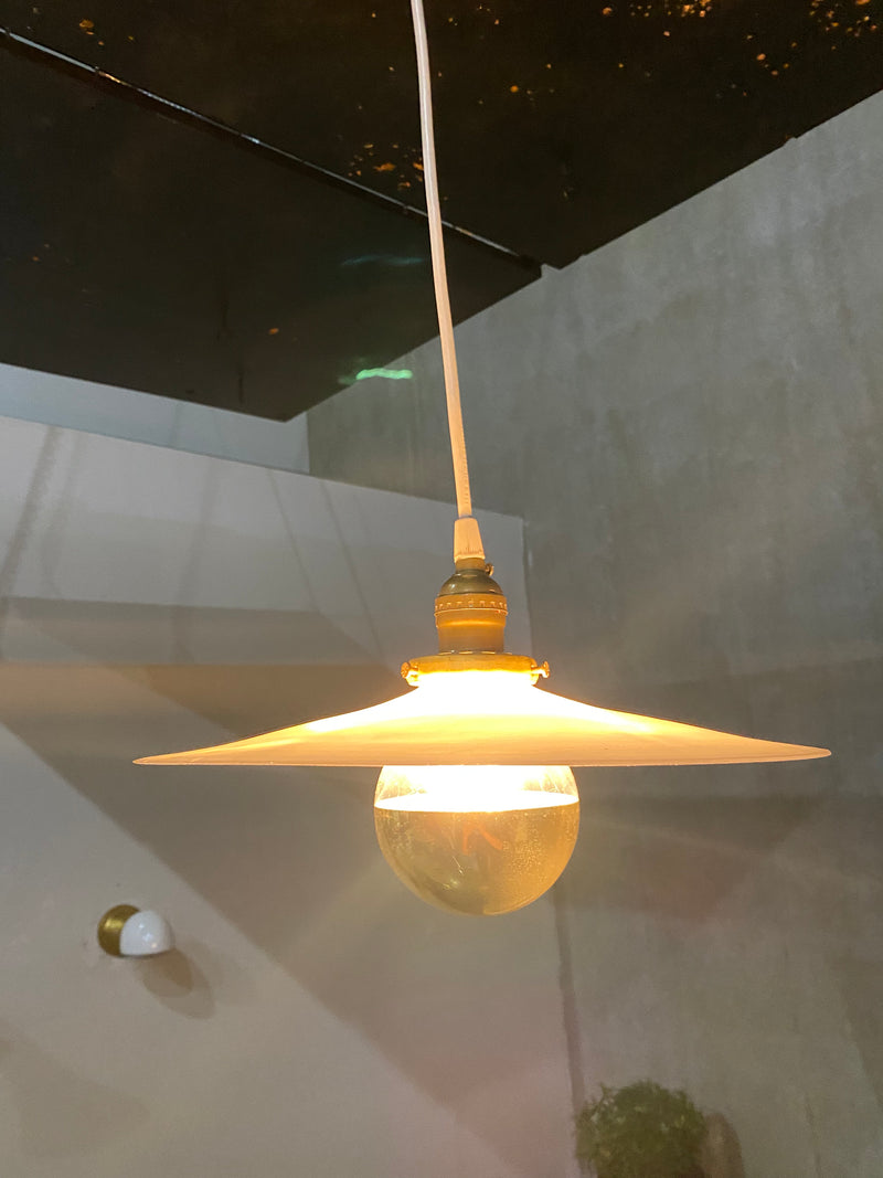 1910  Brass petite milk glass saucer pendant | Scott Landon Antiques and Interiors.