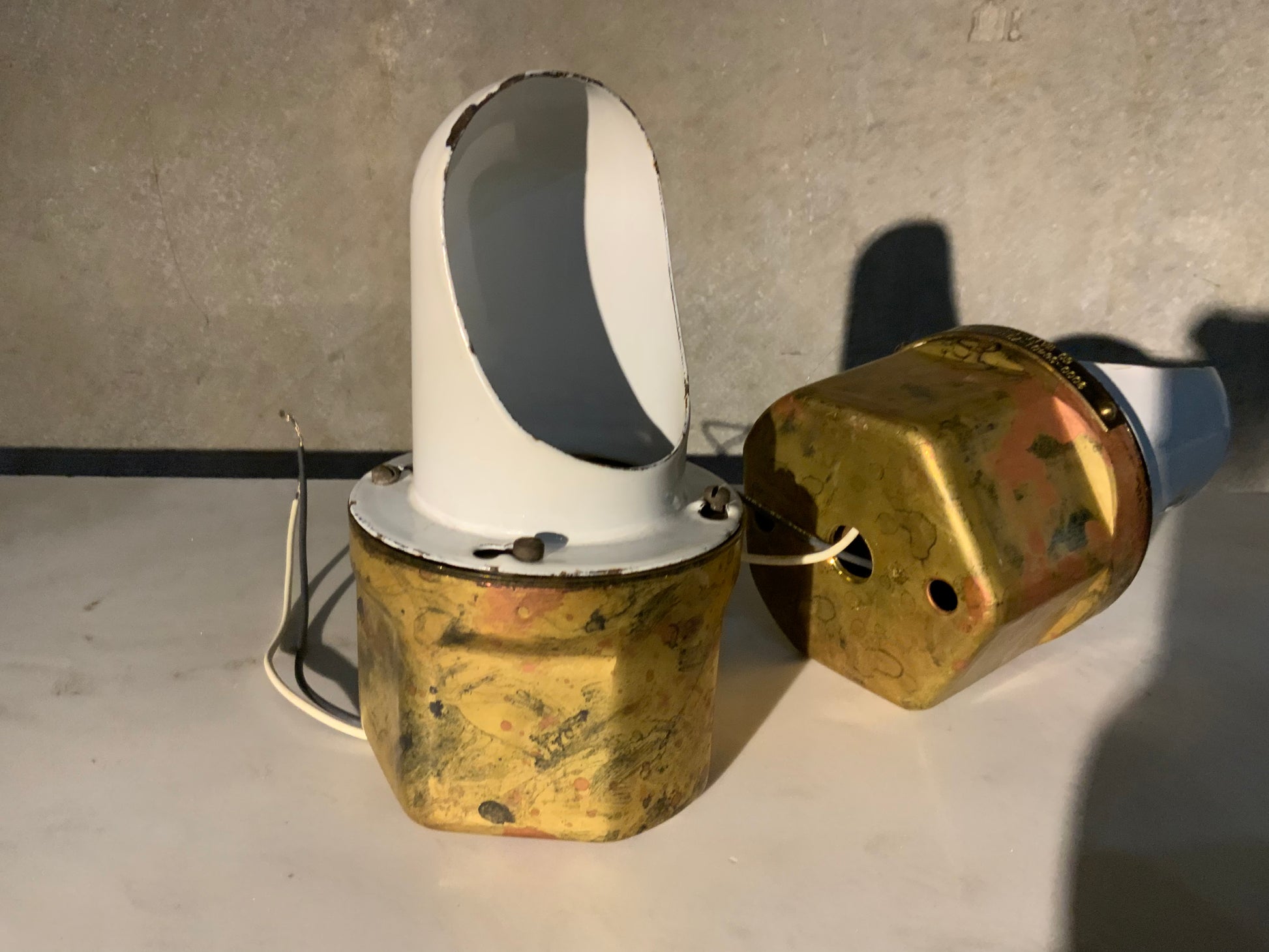 1930 rare set of enamel brass nautical light sconces | Scott Landon Antiques and Interiors.