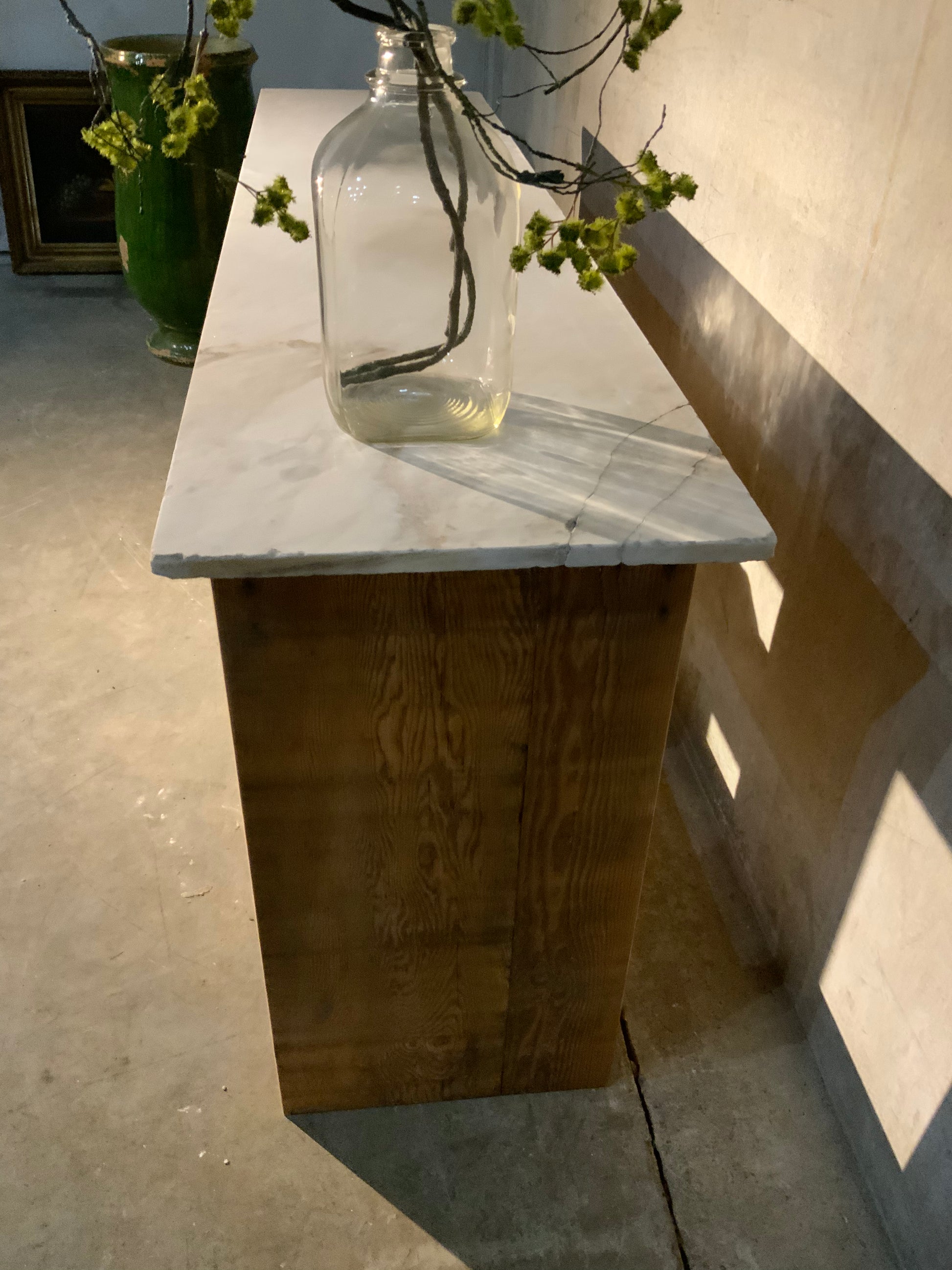 Bespoke series - sofa table reclaimed wood and marble | Scott Landon Antiques and Interiors.
