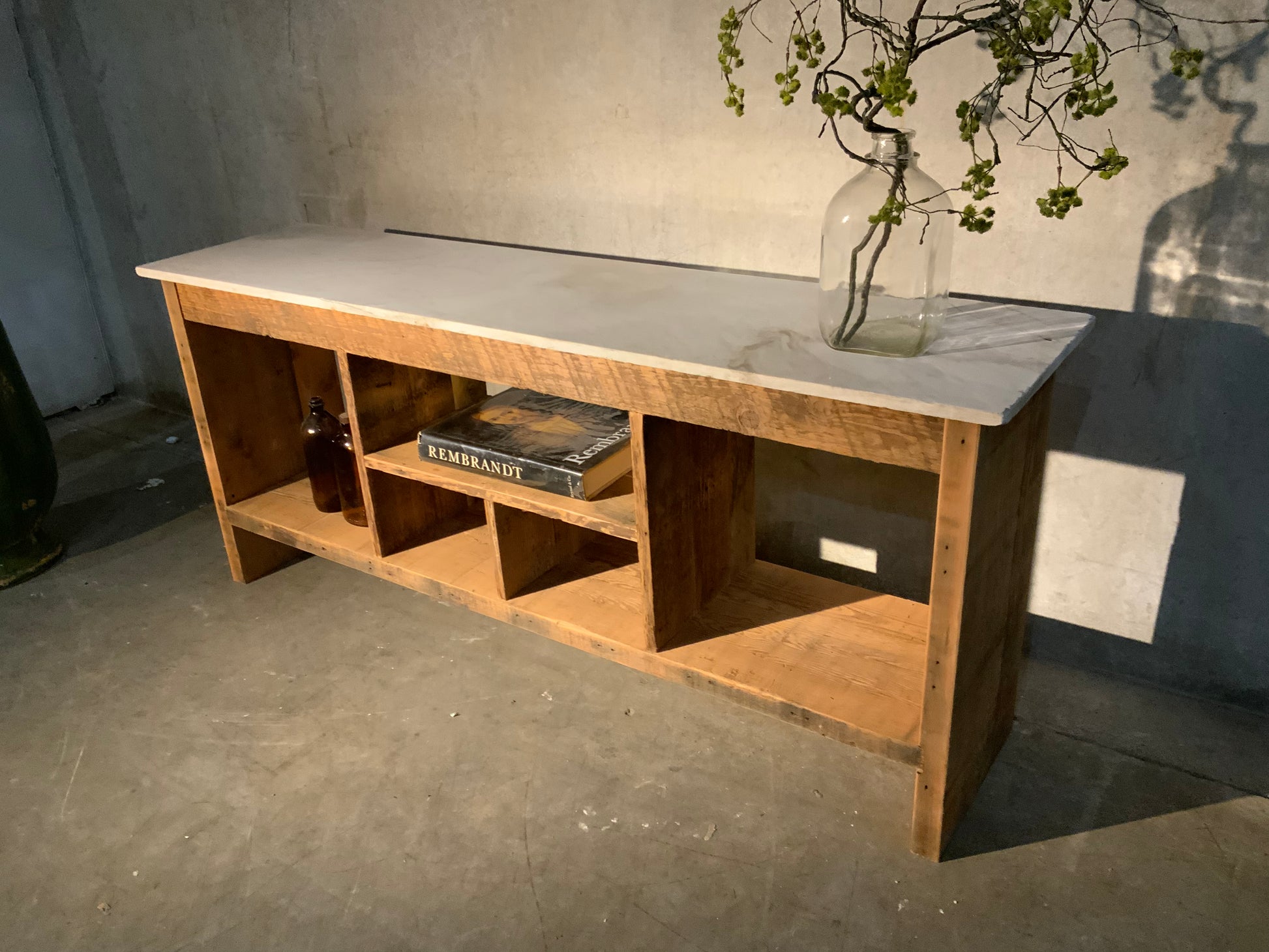 Bespoke series - sofa table reclaimed wood and marble | Scott Landon Antiques and Interiors.