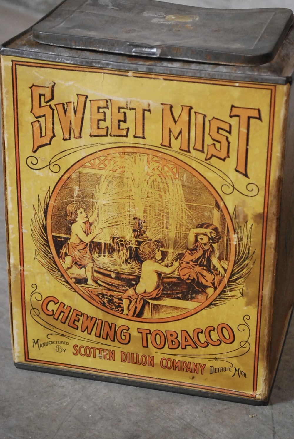 1910 Decorative antique Tobaciana large tin Sweet Mist | Scott Landon Antiques and Interiors.