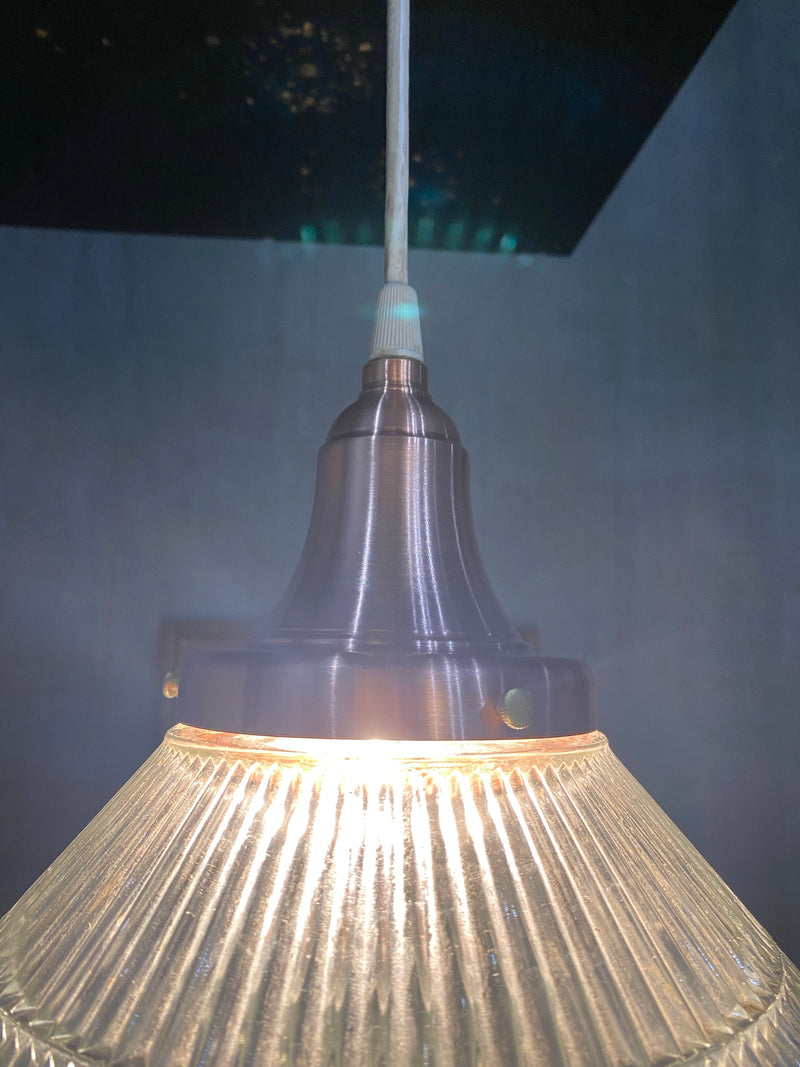 1960 glass holophane shade with copper fitter | Scott Landon Antiques and Interiors.