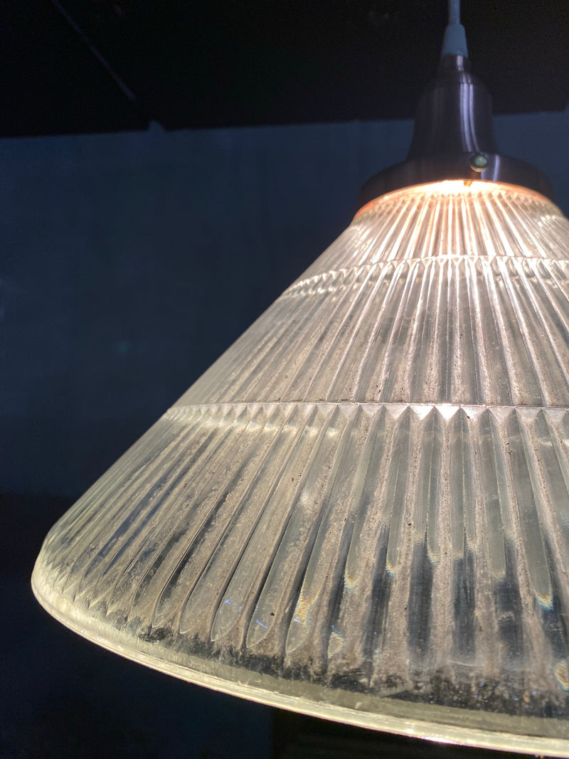 1960 glass holophane shade with copper fitter | Scott Landon Antiques and Interiors.