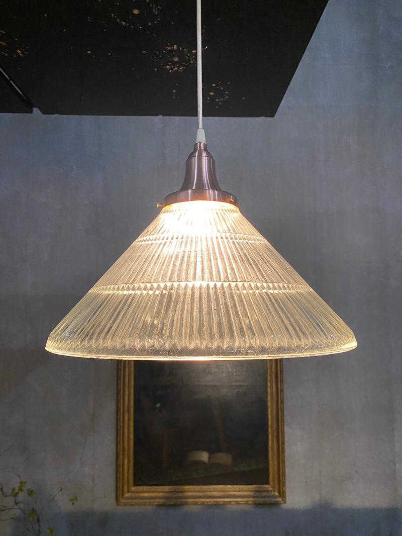 1960 glass holophane shade with copper fitter | Scott Landon Antiques and Interiors.