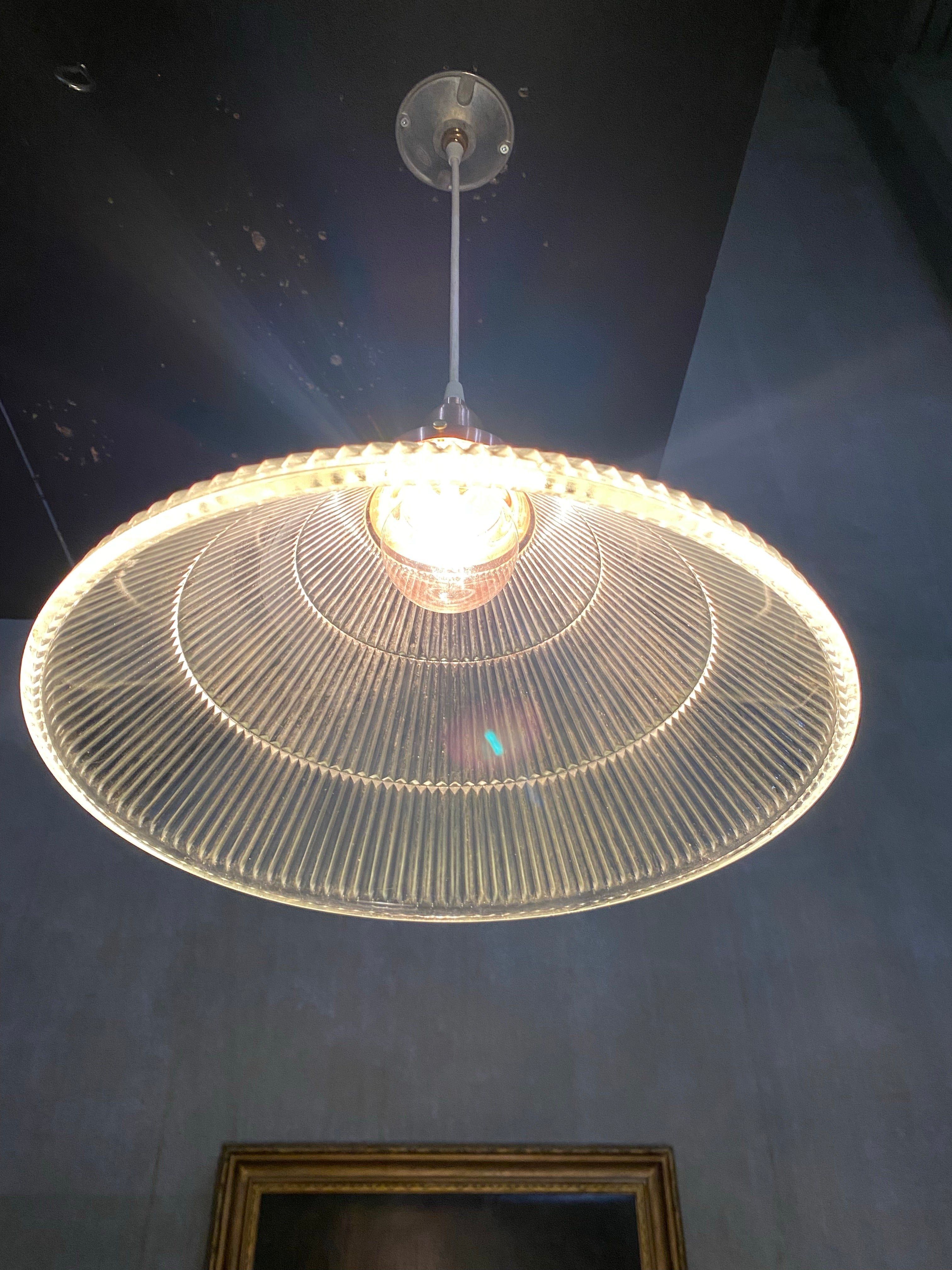 1960 glass holophane shade with copper fitter | Scott Landon Antiques and Interiors.