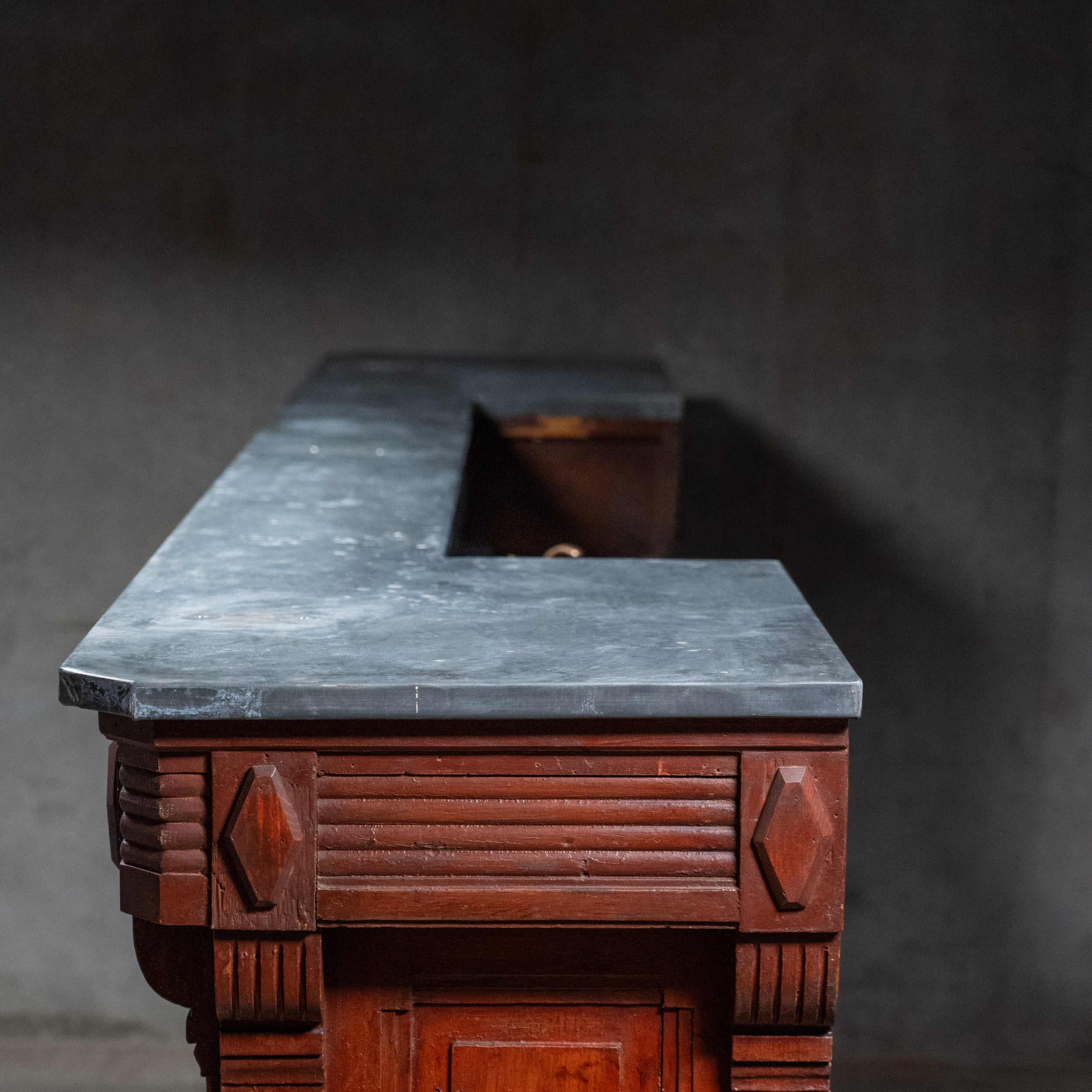 Antique French bar counter with original zinc top, integrated sink, paneled hardwood façade and commercial café styling, circa 1900