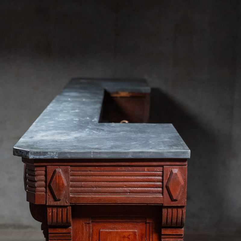 Antique French bar counter with original zinc top, integrated sink, paneled hardwood façade and commercial café styling, circa 1900
