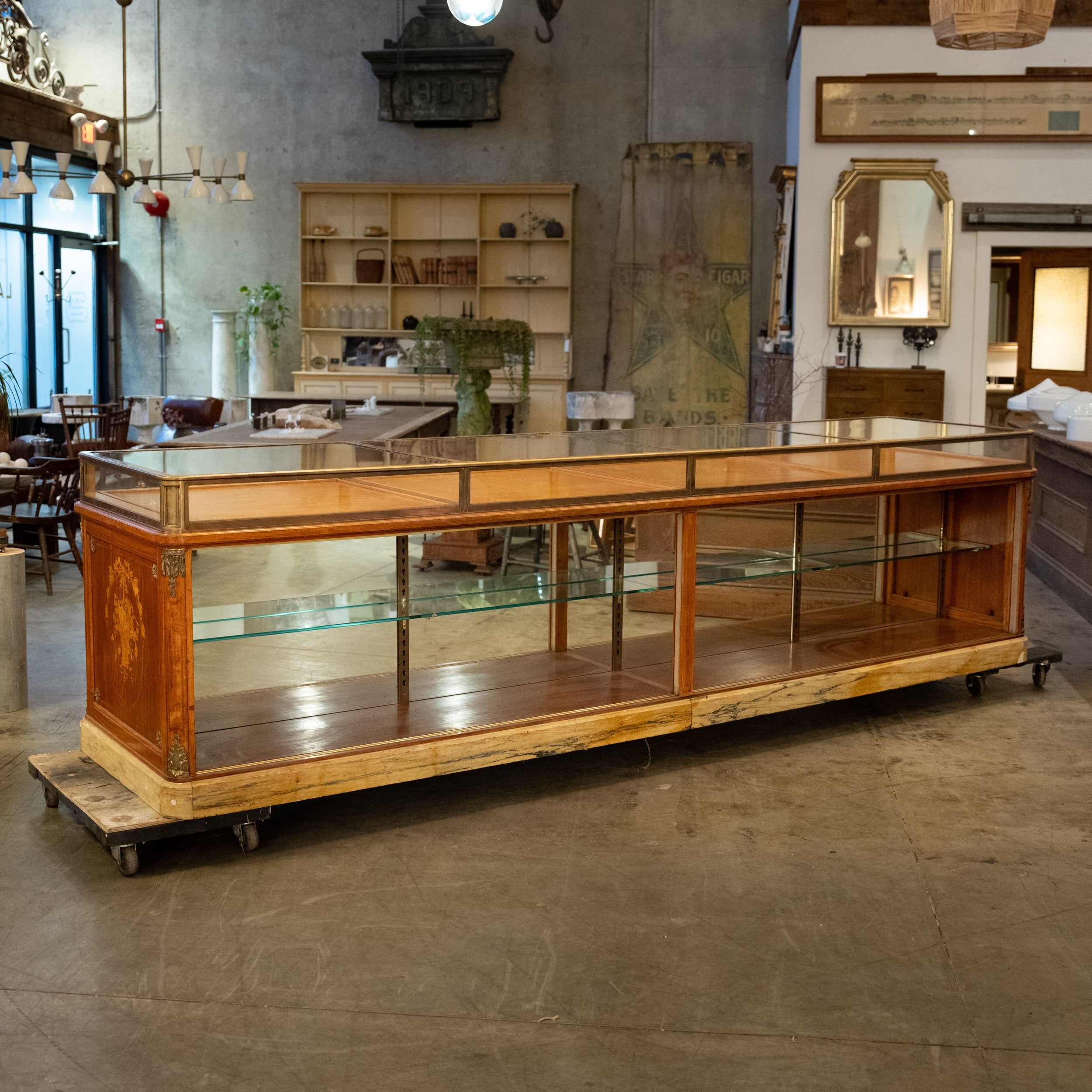 Antique French Belle Époque Display Counter with Brass & Glass Vitrine, c.1890–1910