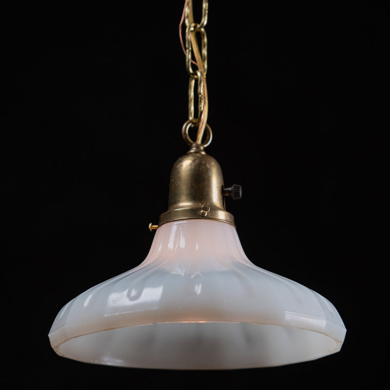  Vintage Scandinavian style opaline milk glass pendant light with ribbed white glass shade and aged brass gallery. | Scott Landon Antiques and Interiors.