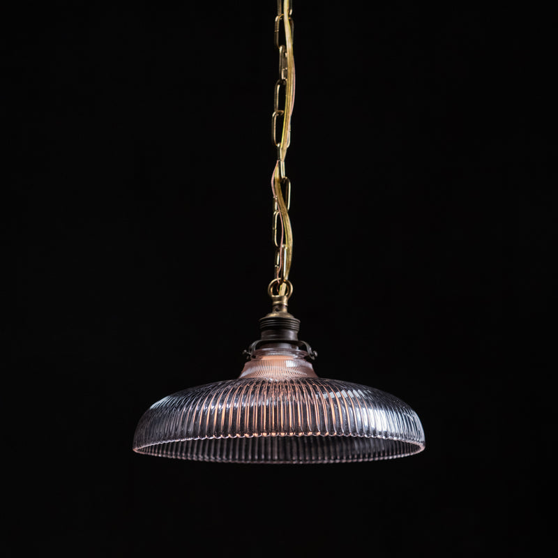 Antique c. 1920 prismatic glass pendant light with ribbed clear glass shade and brass chain | Scott Landon Antiques and Interiors.