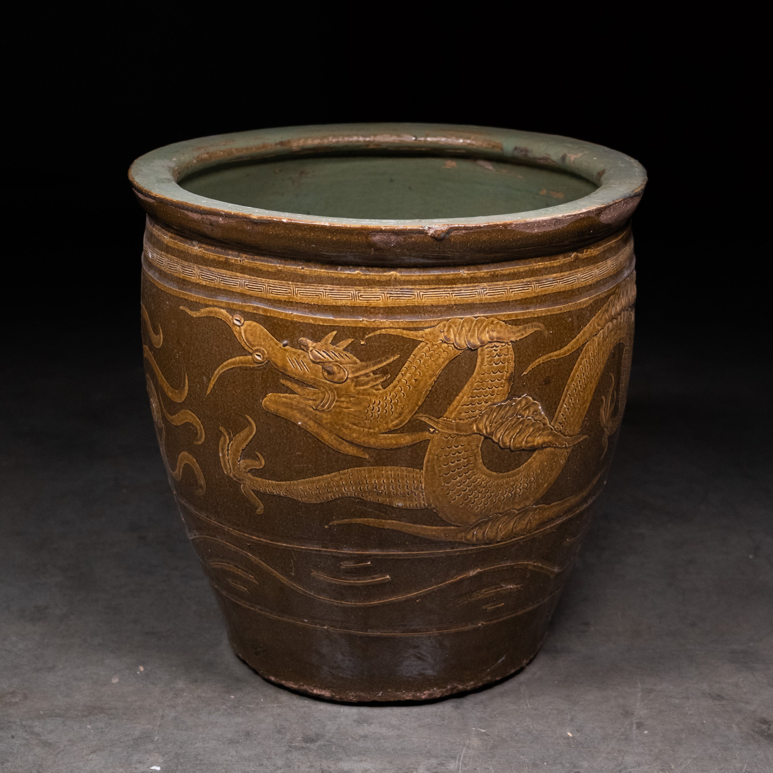 Late Qing Dynasty Chinese Dragon egg pot Brown Stoneware with Celadon Interior