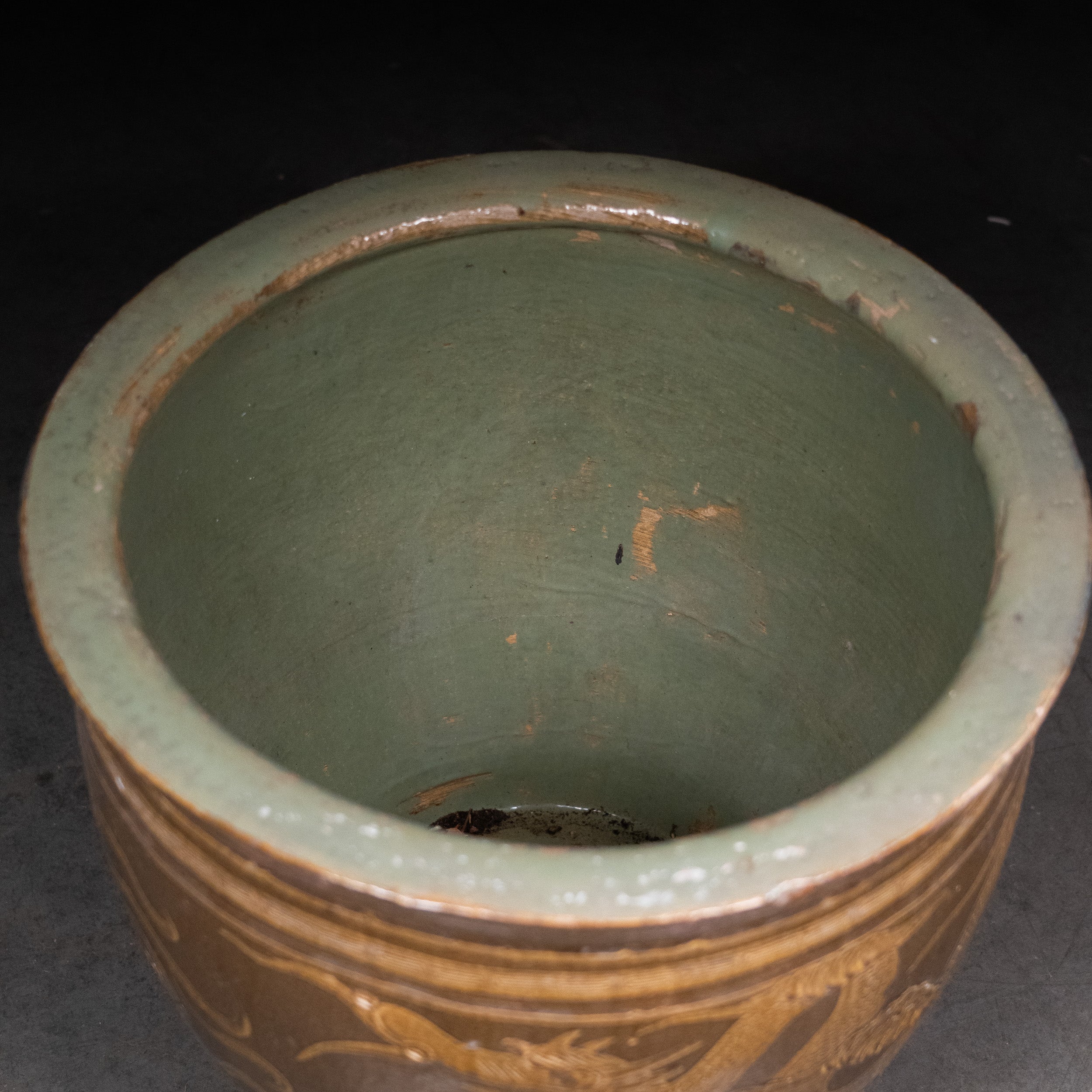 chinese egg pot planter Late Qing Dynasty Chinese Dragon egg pot Brown Stoneware with Celadon
