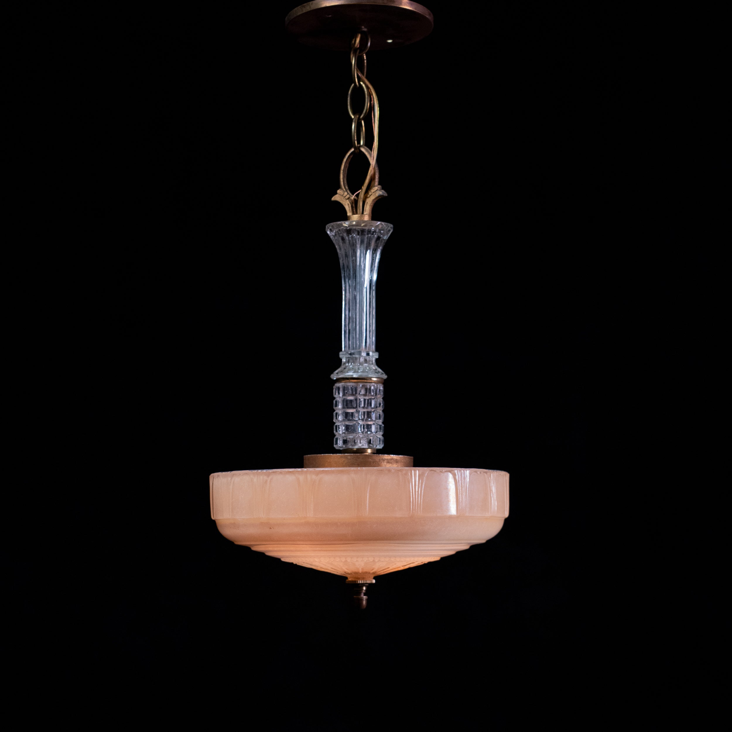 Antique Art Deco peach glass pendant light circa 1930 with clear pressed-glass stem and aged brass fittings. | Scott Landon Antiques and Interiors.
