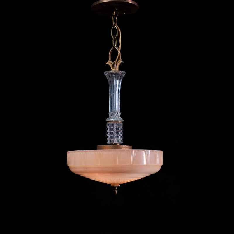 Antique Art Deco peach glass pendant light circa 1930 with clear pressed-glass stem and aged brass fittings. | Scott Landon Antiques and Interiors.
