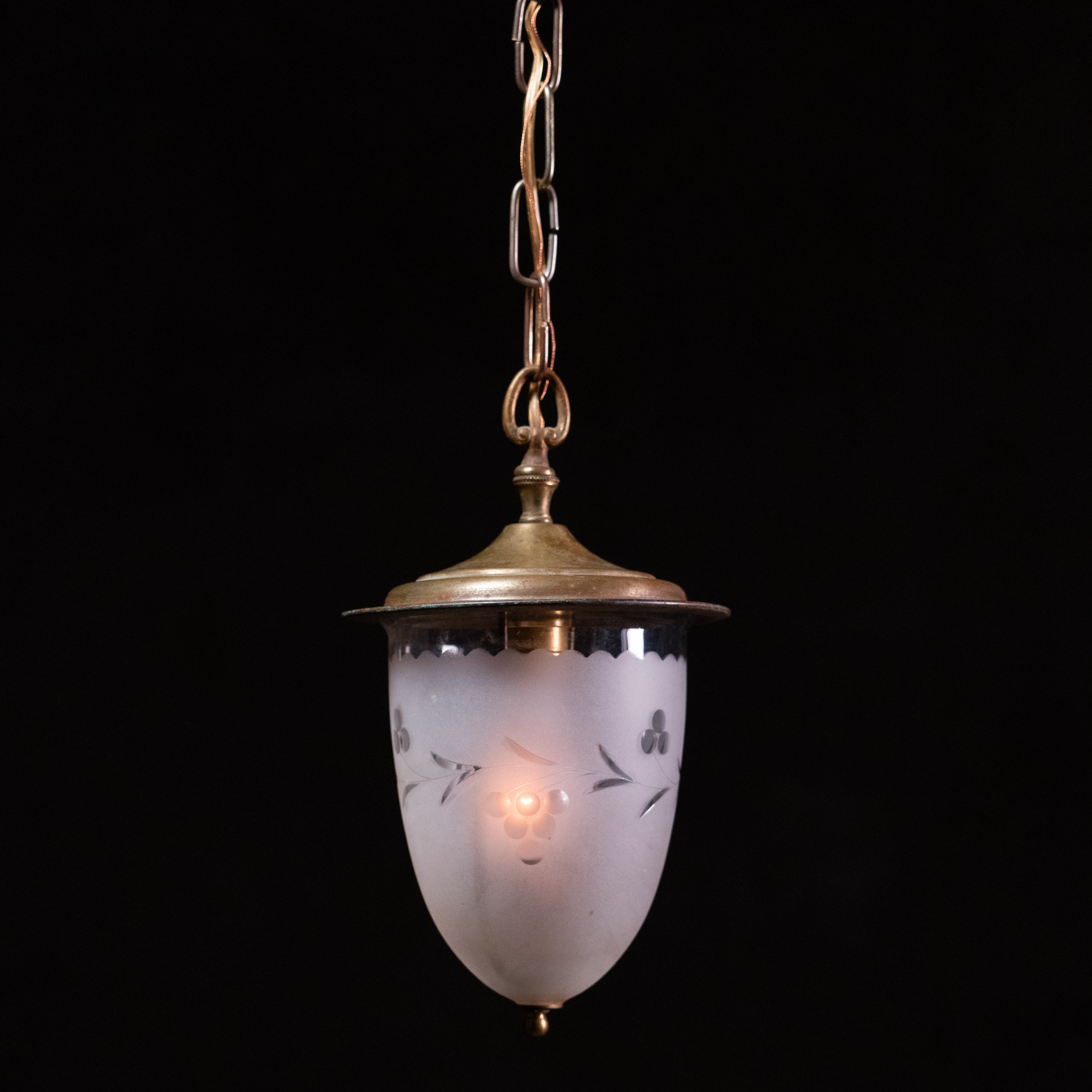 Antique frosted cut glass pendant light with floral decoration and aged brass hardware circa 1910 | Scott Landon Antiques and Interiors.