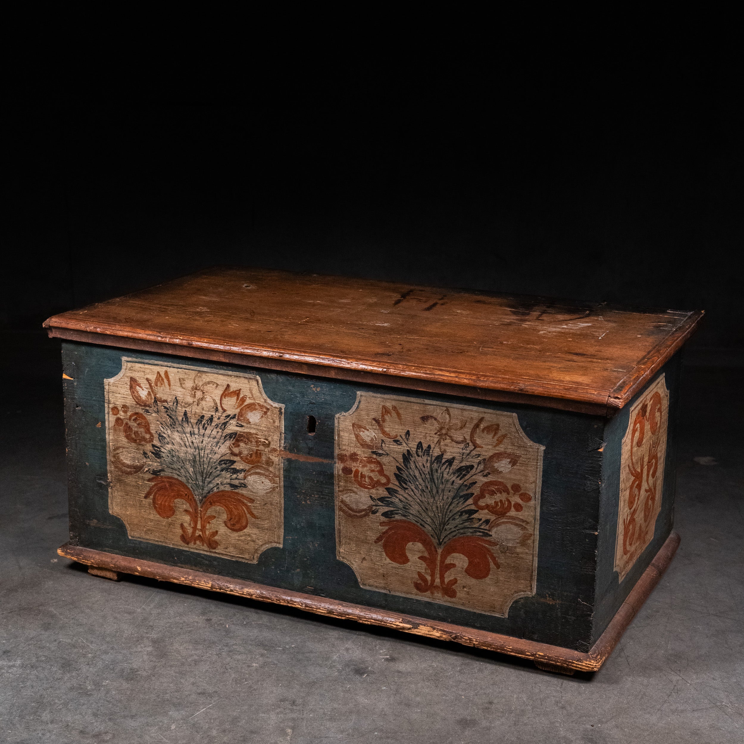 18th Century Swedish Folk Art Painted Blanket Chest with Floral Panels, c.1800