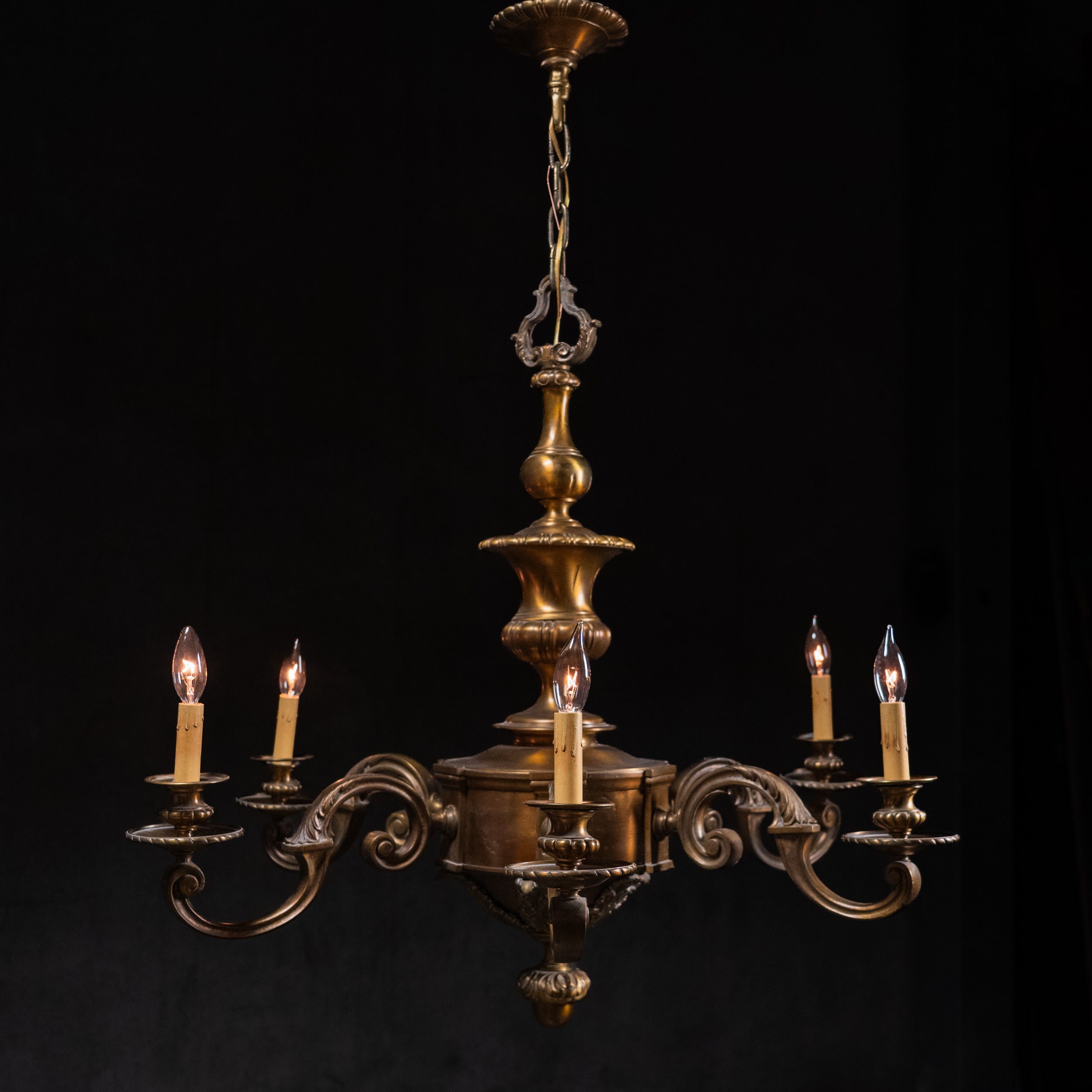 Large antique Beaux-Arts cast bronze and brass eight-light chandelier circa 1910, 34 inches | Scott Landon Antiques and Interiors.