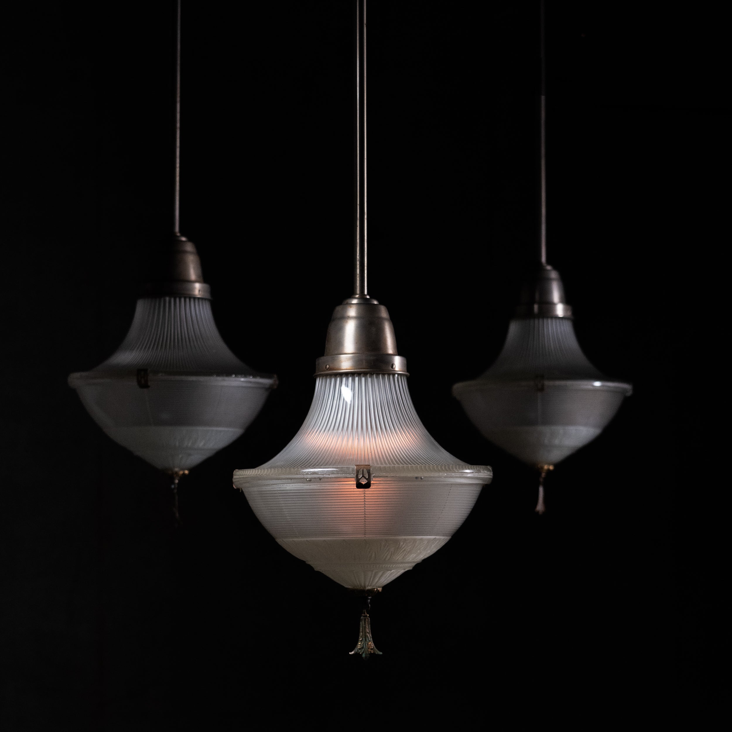 Antique Holophane Prismatic Glass Pendant Lights c.1920 | Industrial Architectural Refractor Fixtures