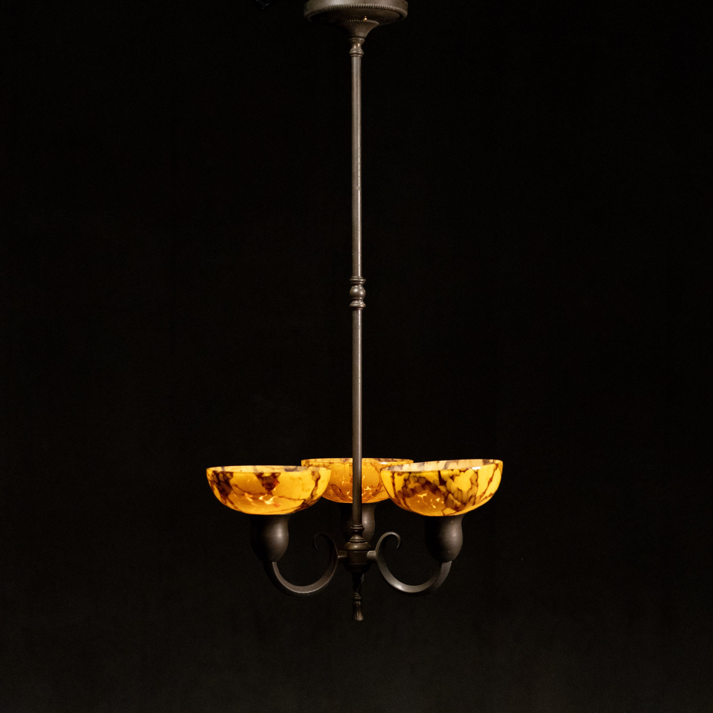 1940 Three Arm Aged Bronze Chandelier Pendant