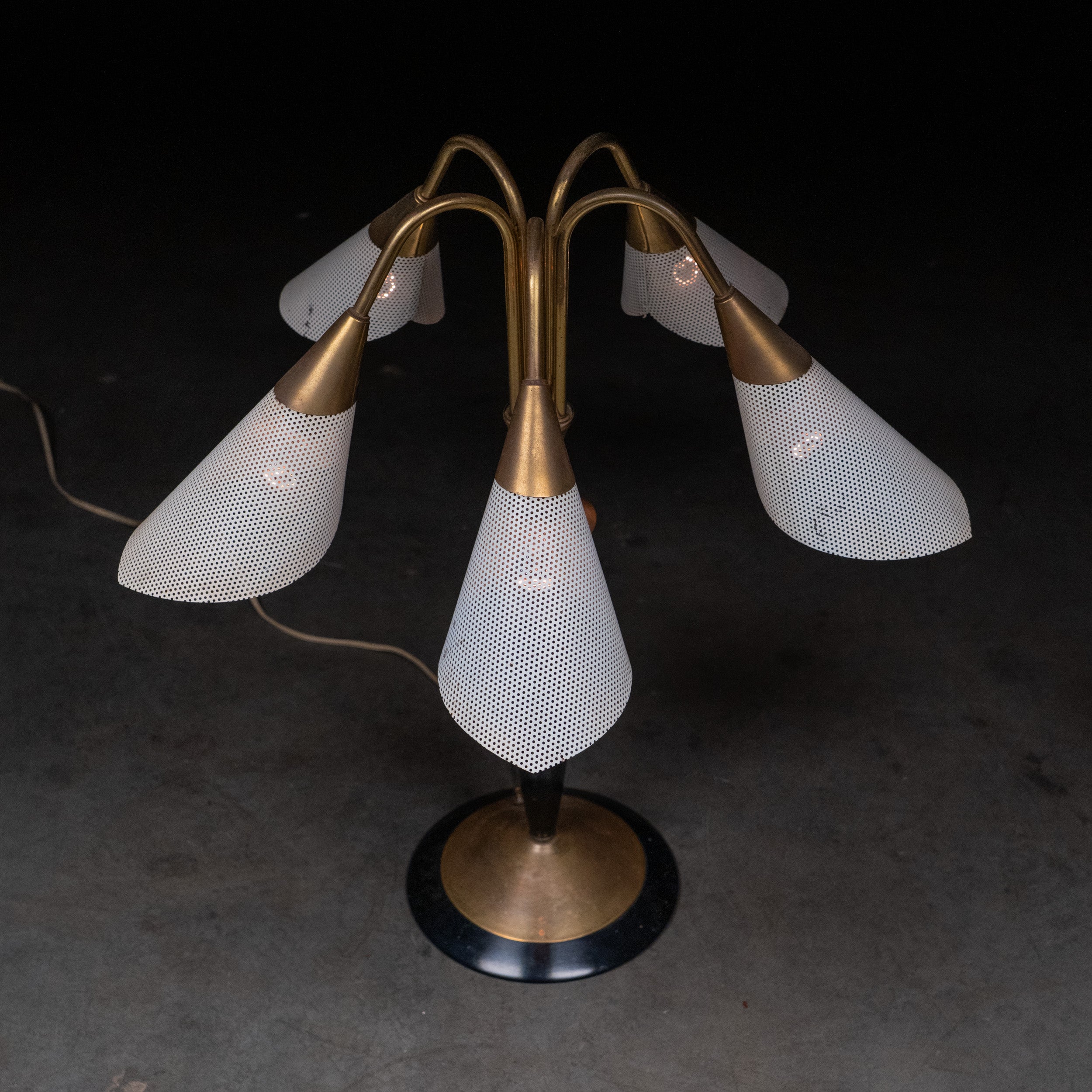 Italian Mid Century Modern 5-Arm Brass Table Lamp with Perforated Cone