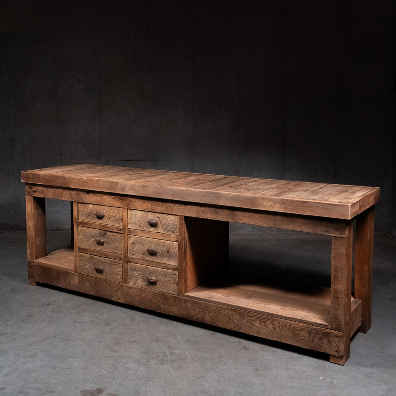 Large antique industrial workbench with six drawers and thick plank wood top circa 1910 | Scott Landon Antiques and Interiors.