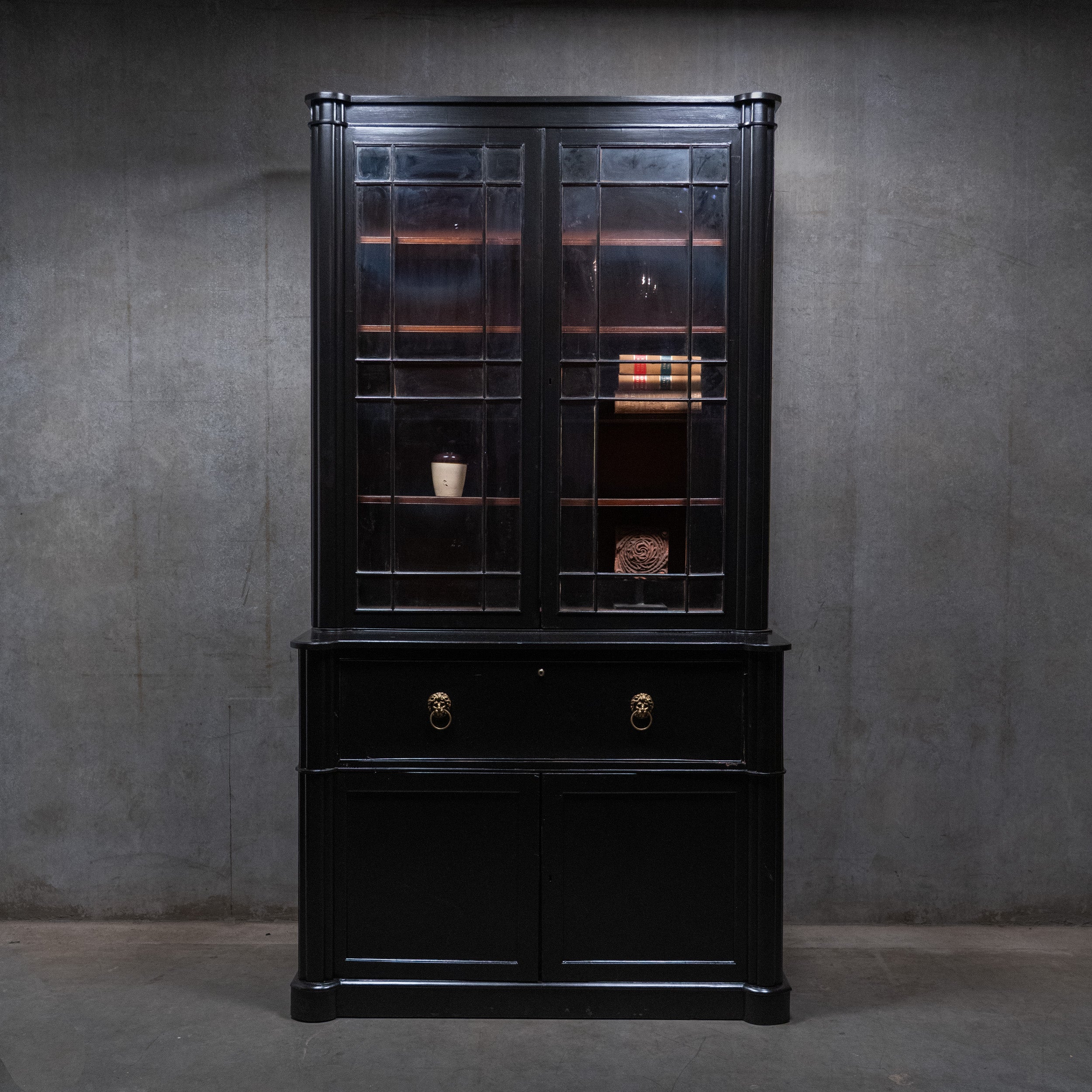 English Ebonized Secretary library Bookcase Desk – Stamped London Maker, Mahogany Interior c.1900