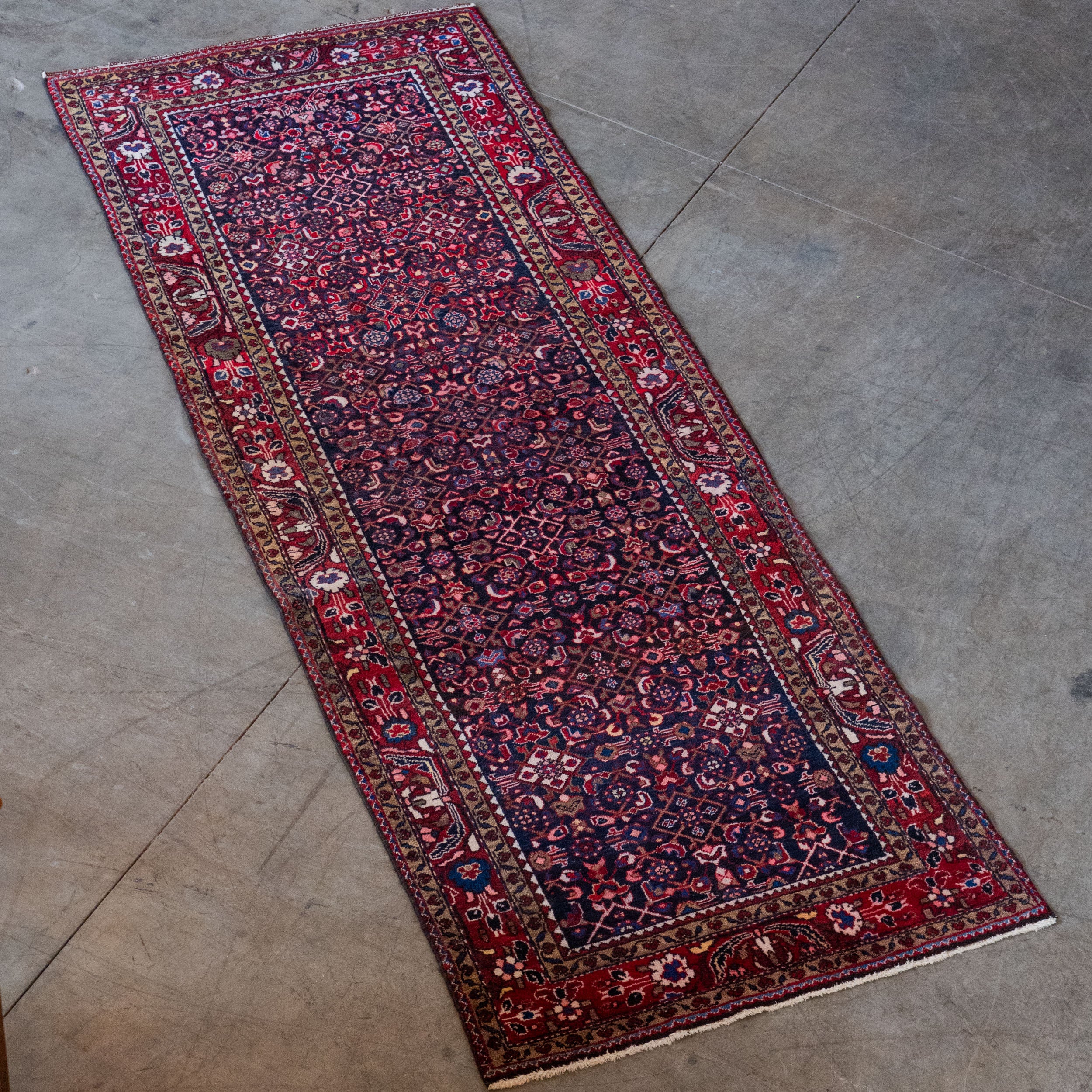 Mid-Century Persian Hamadan Runner – Hand Knotted Wool, Navy & Madder Red