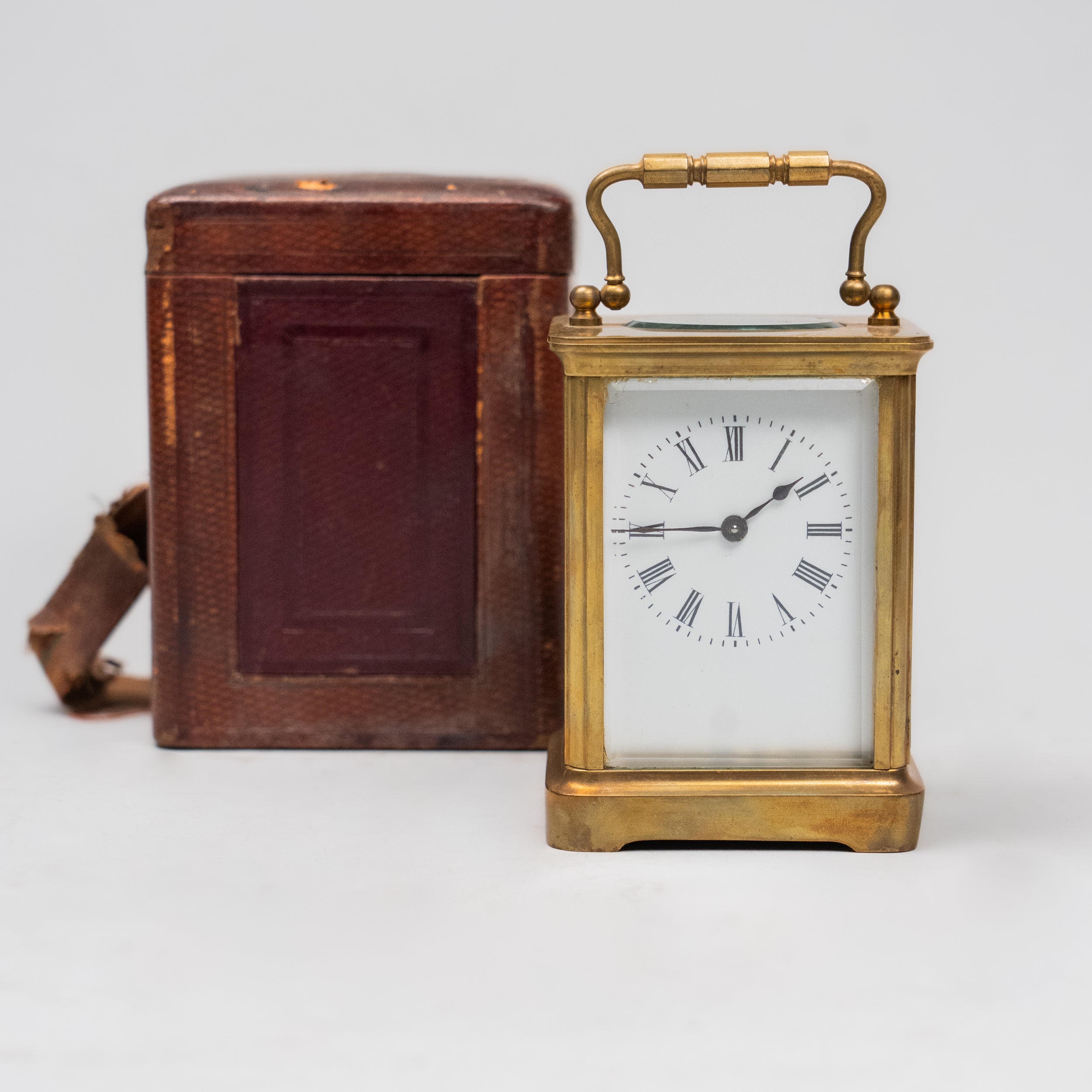 19th Century Victorian English Carriage Travel Clock in Leather Case w