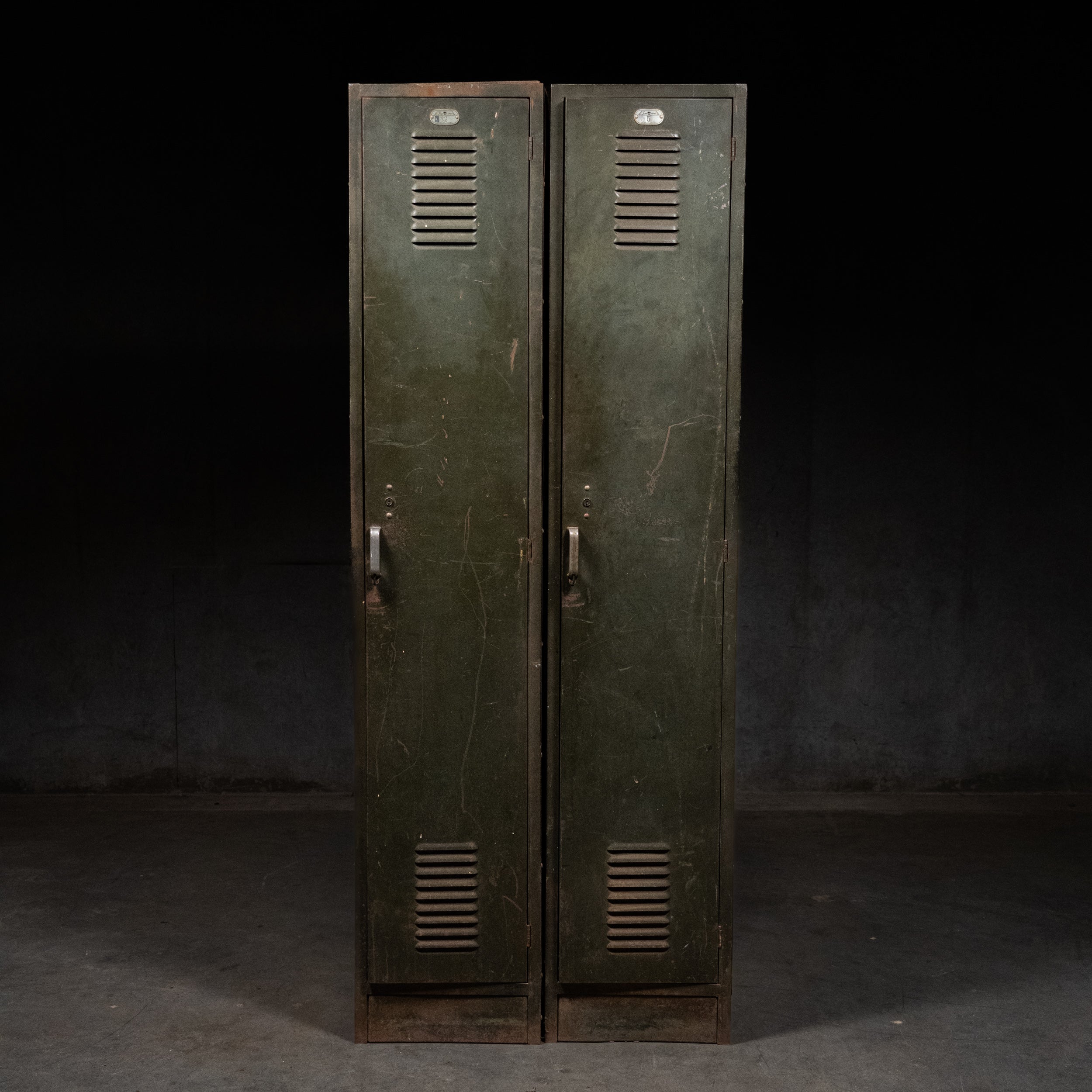 Vintage Industrial Steel Lockers in Original Olive Green – Mid Century Factory Cabinets (Pair)